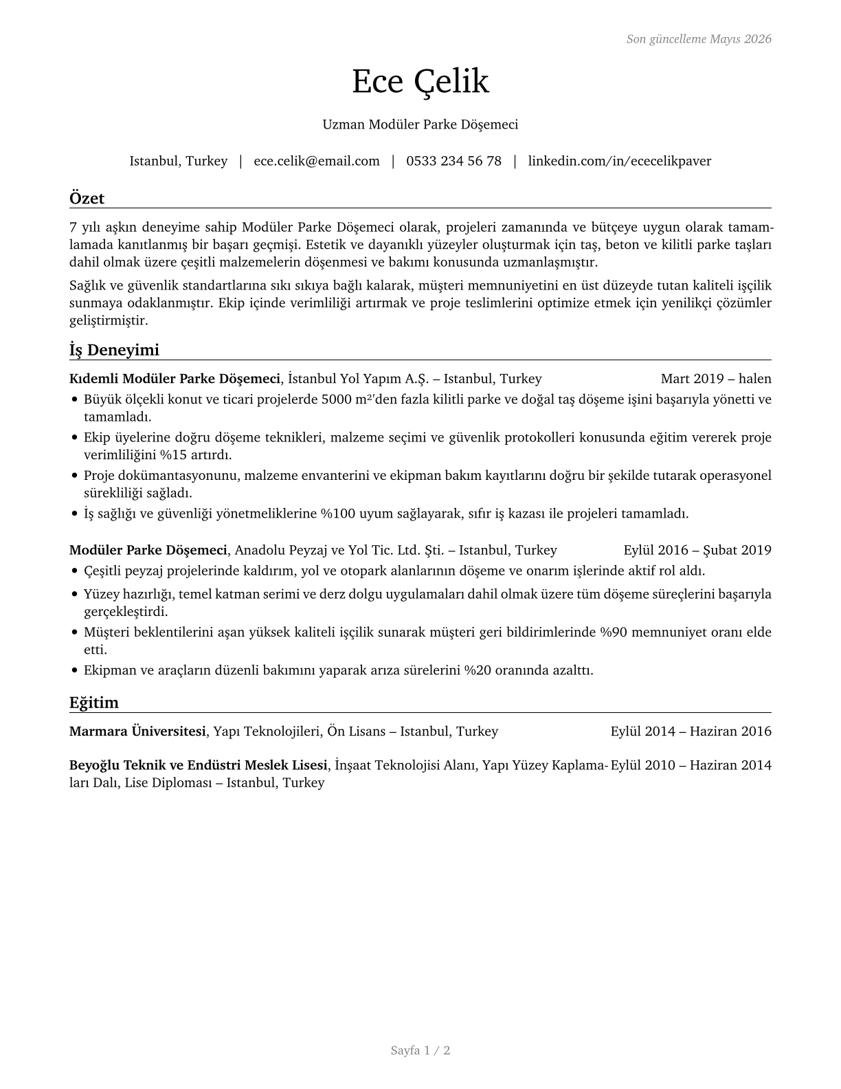 Segmental Pavers CV in Turkish — page 1