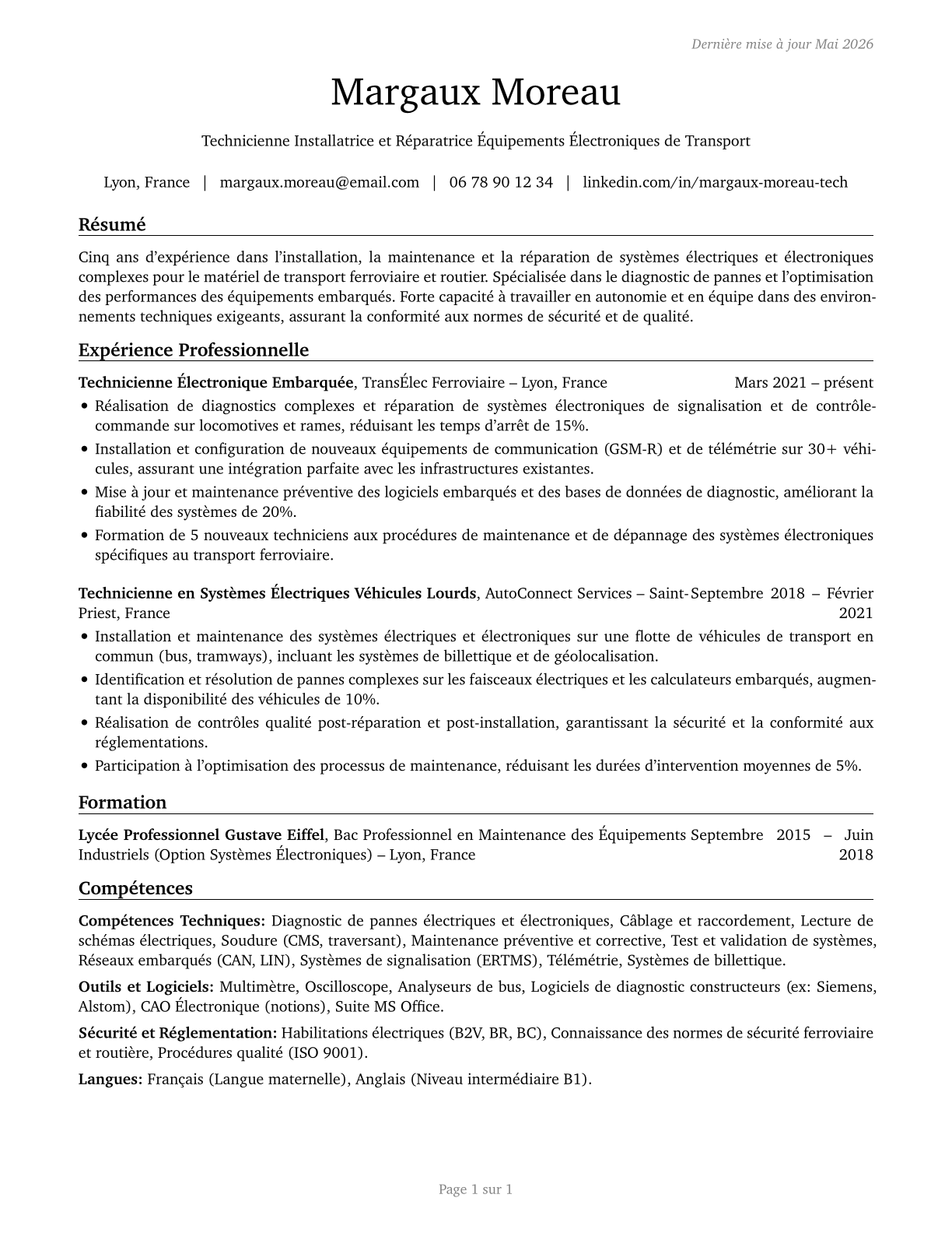 Electrical and Electronics Installers and Repairers, Transportation Equipment CV in French — page 1