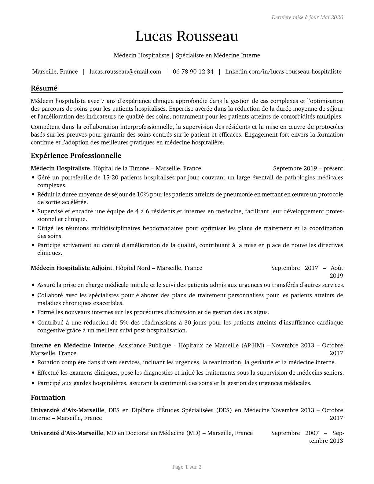 Hospitalists CV in French — page 1