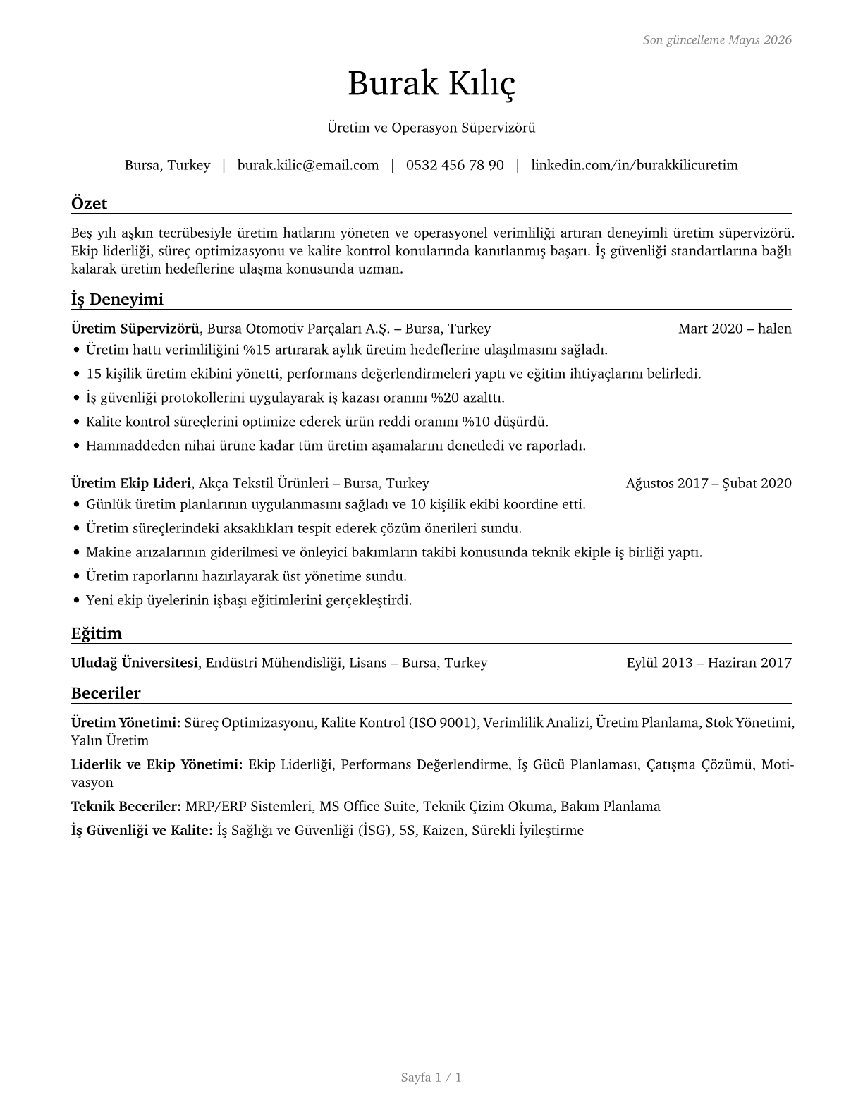 First-Line Supervisors of Production and Operating Workers CV in Turkish — page 1
