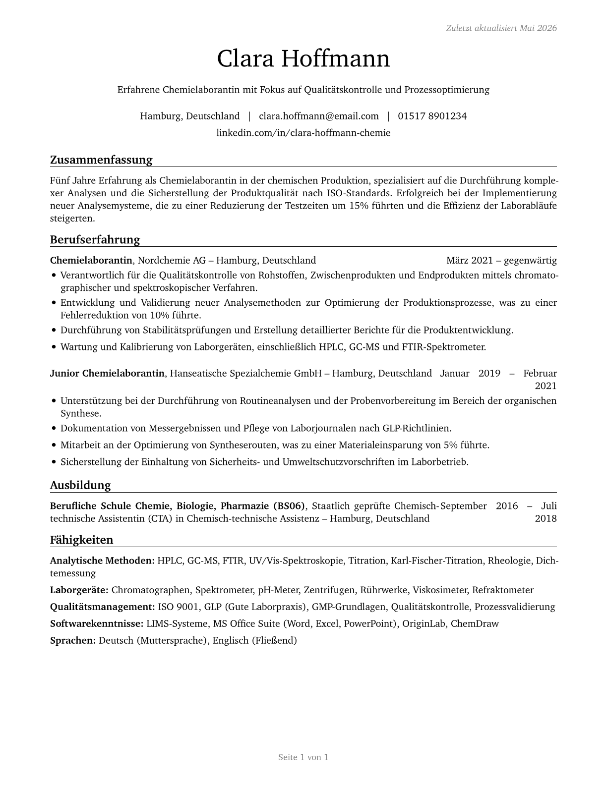 Chemical Technicians CV in German — page 1
