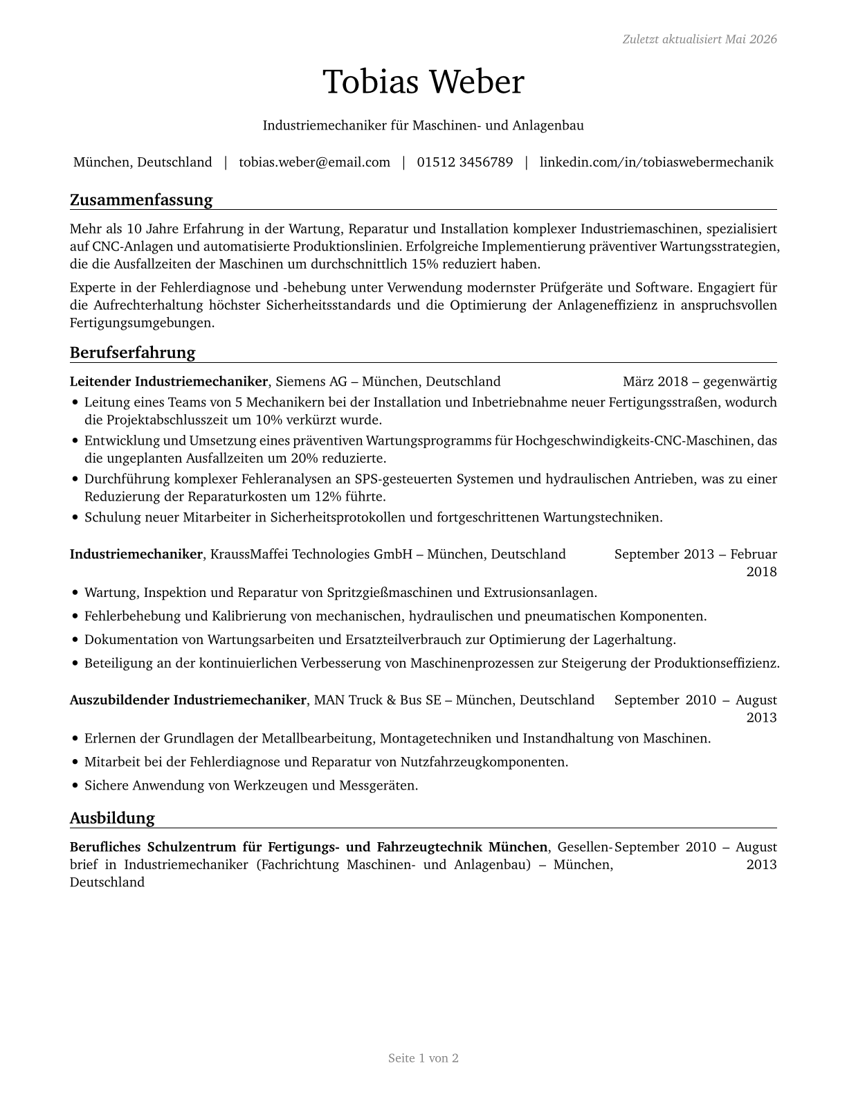 Industrial Machinery Mechanics CV in German — page 1