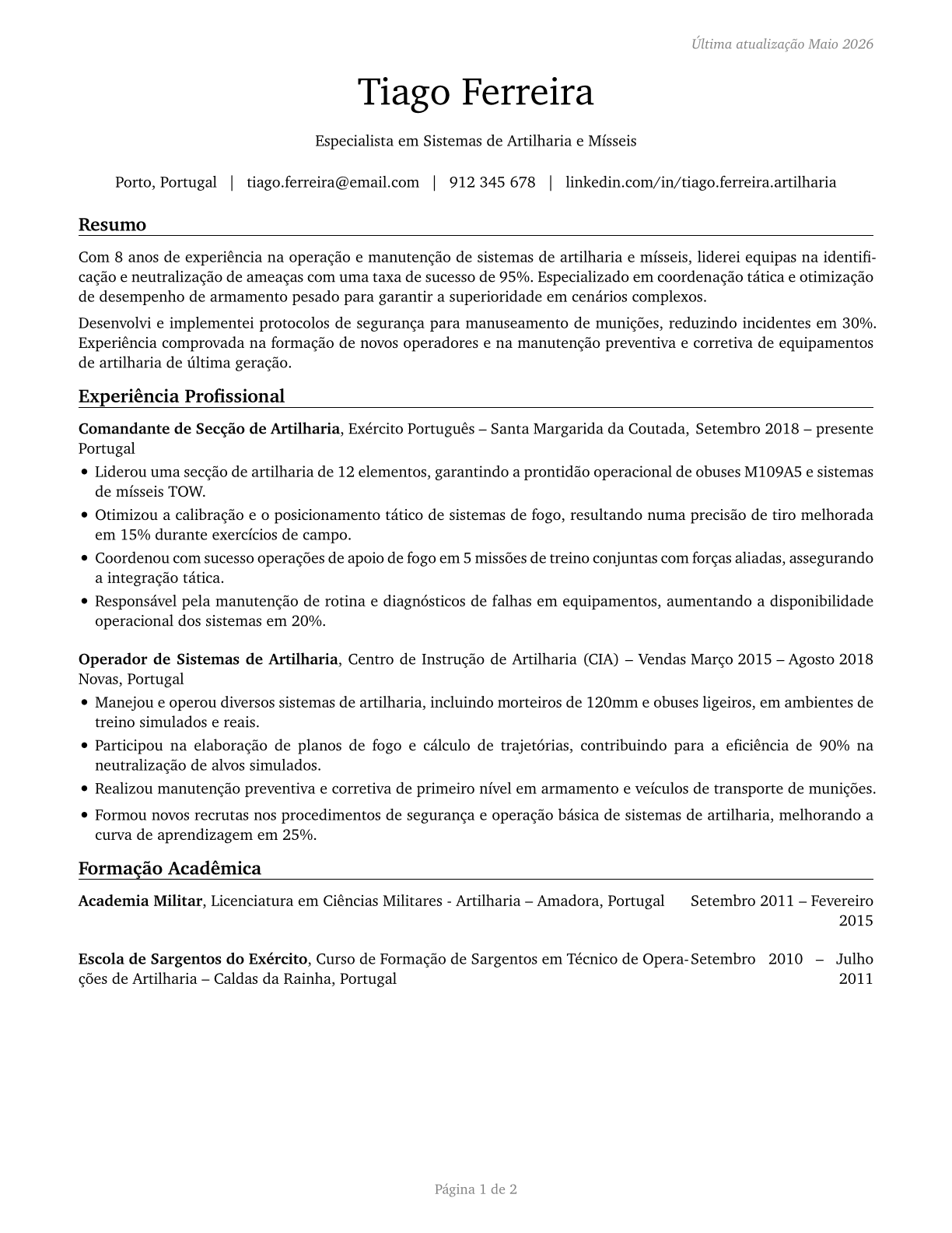 Artillery and Missile Crew Members CV in Portuguese — page 1