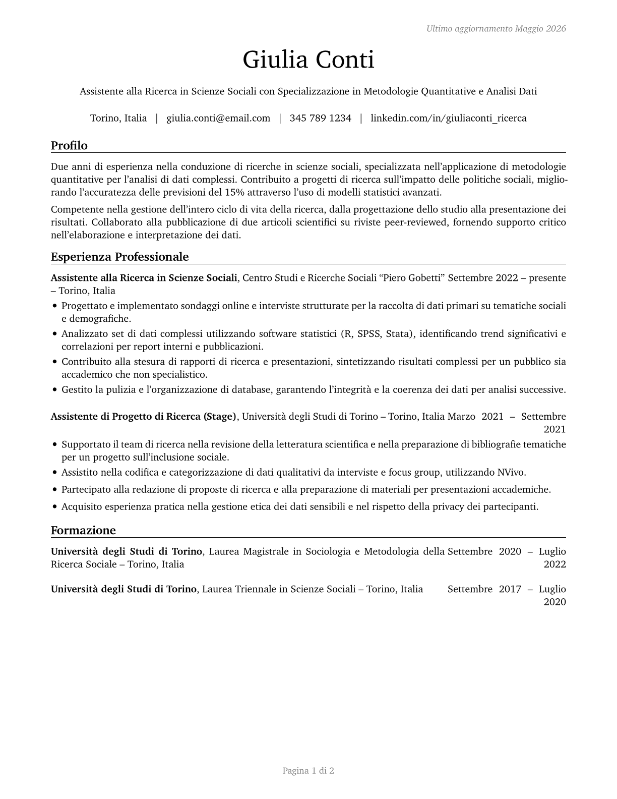 Social Science Research Assistants CV in Italian — page 1