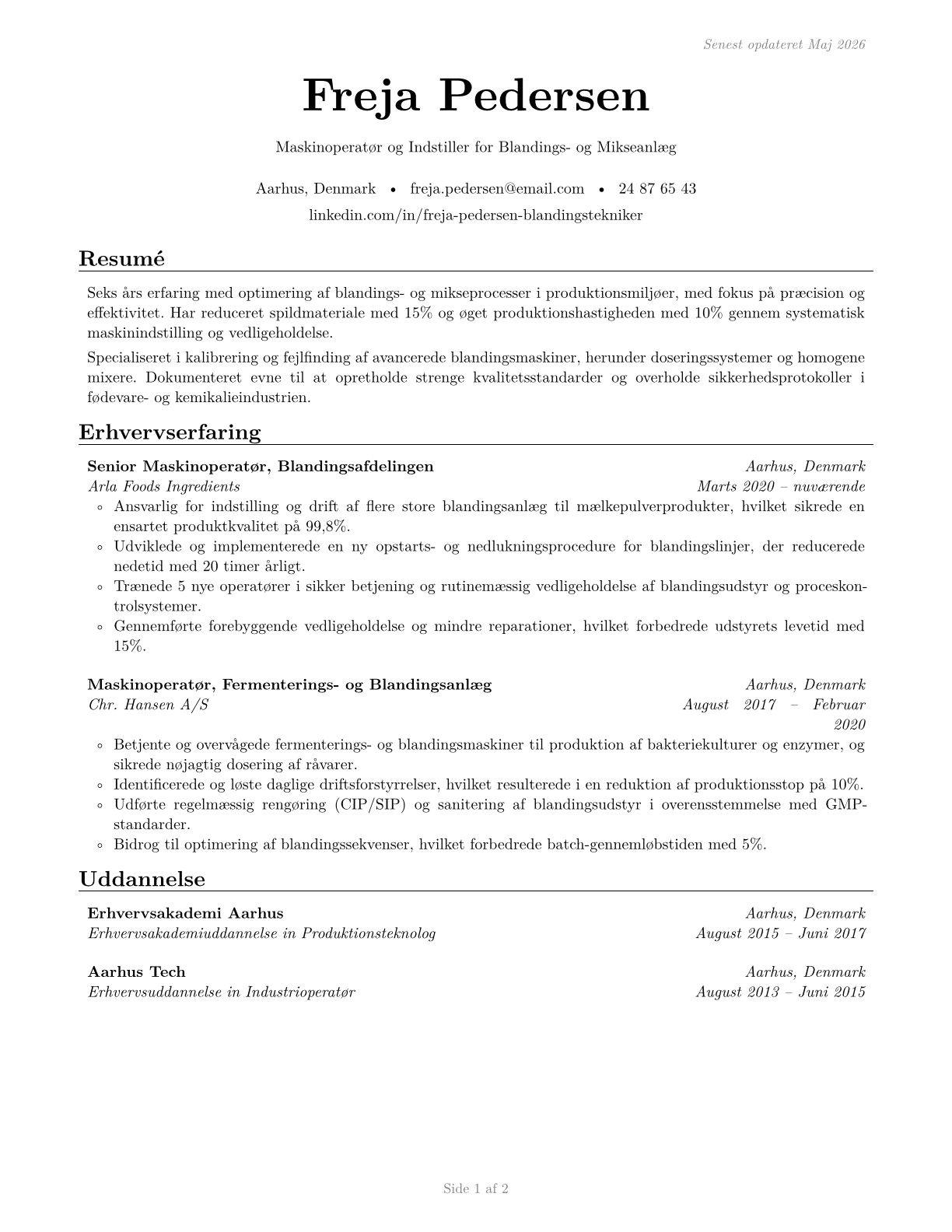 Mixing and Blending Machine Setters, Operators, and Tenders CV in Danish — page 1