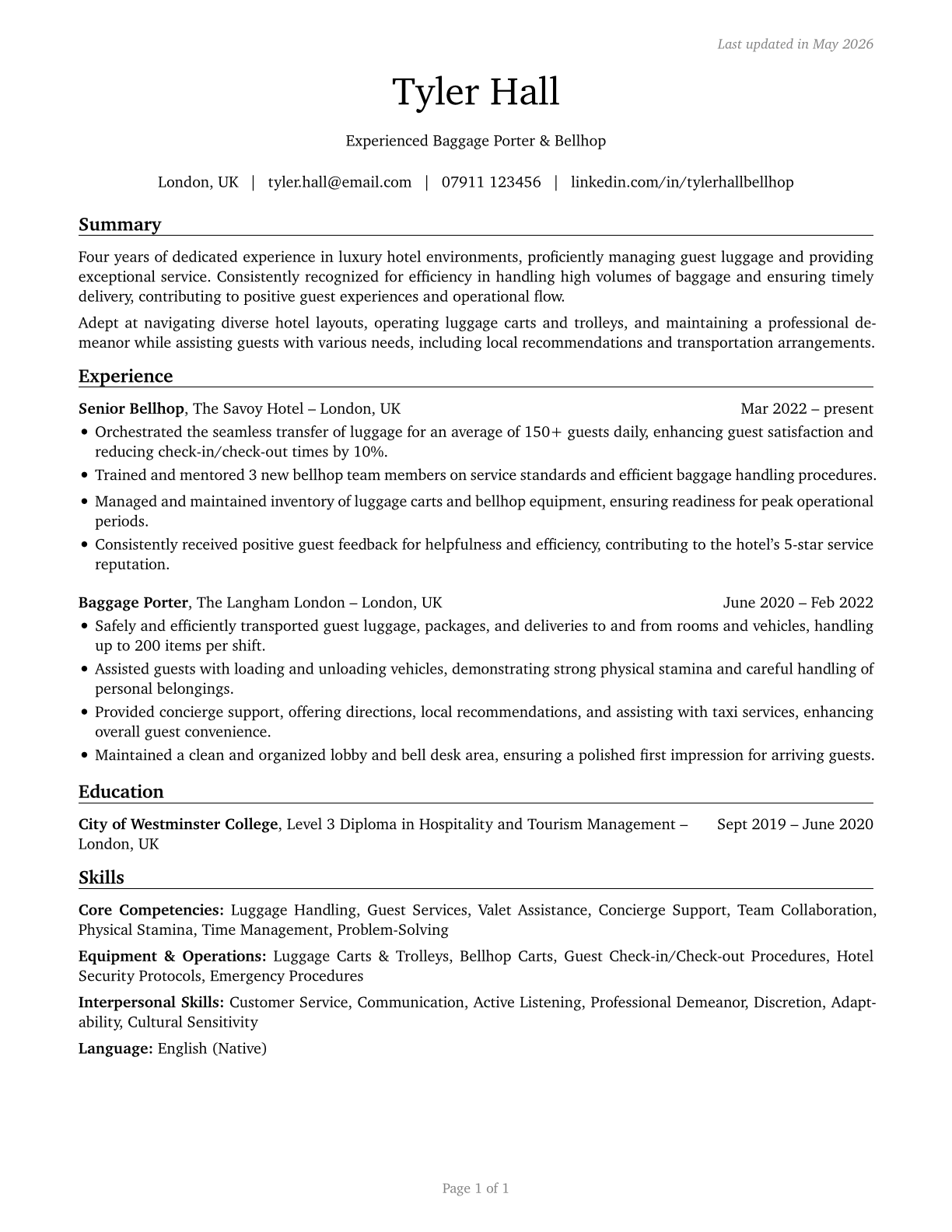 Baggage Porters and Bellhops CV in English — page 1