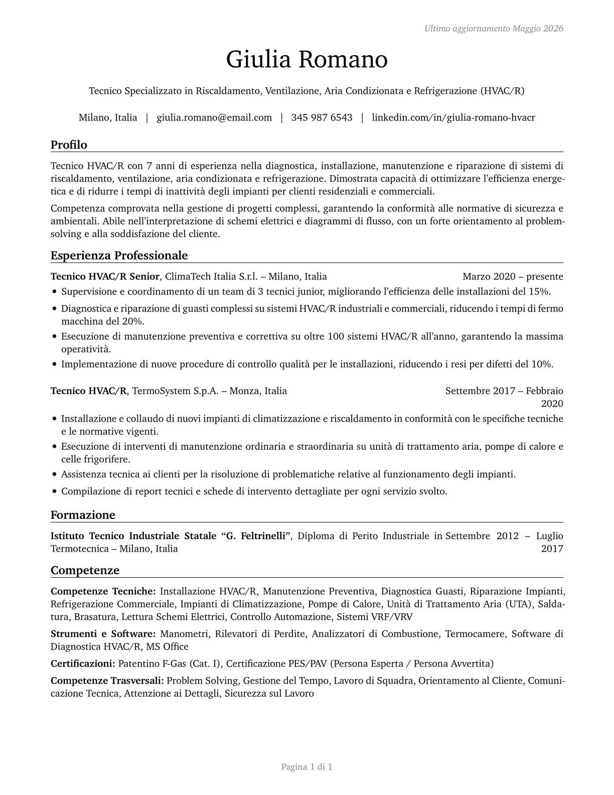 Heating, Air Conditioning, and Refrigeration Mechanics and Installers CV in Italian — page 1