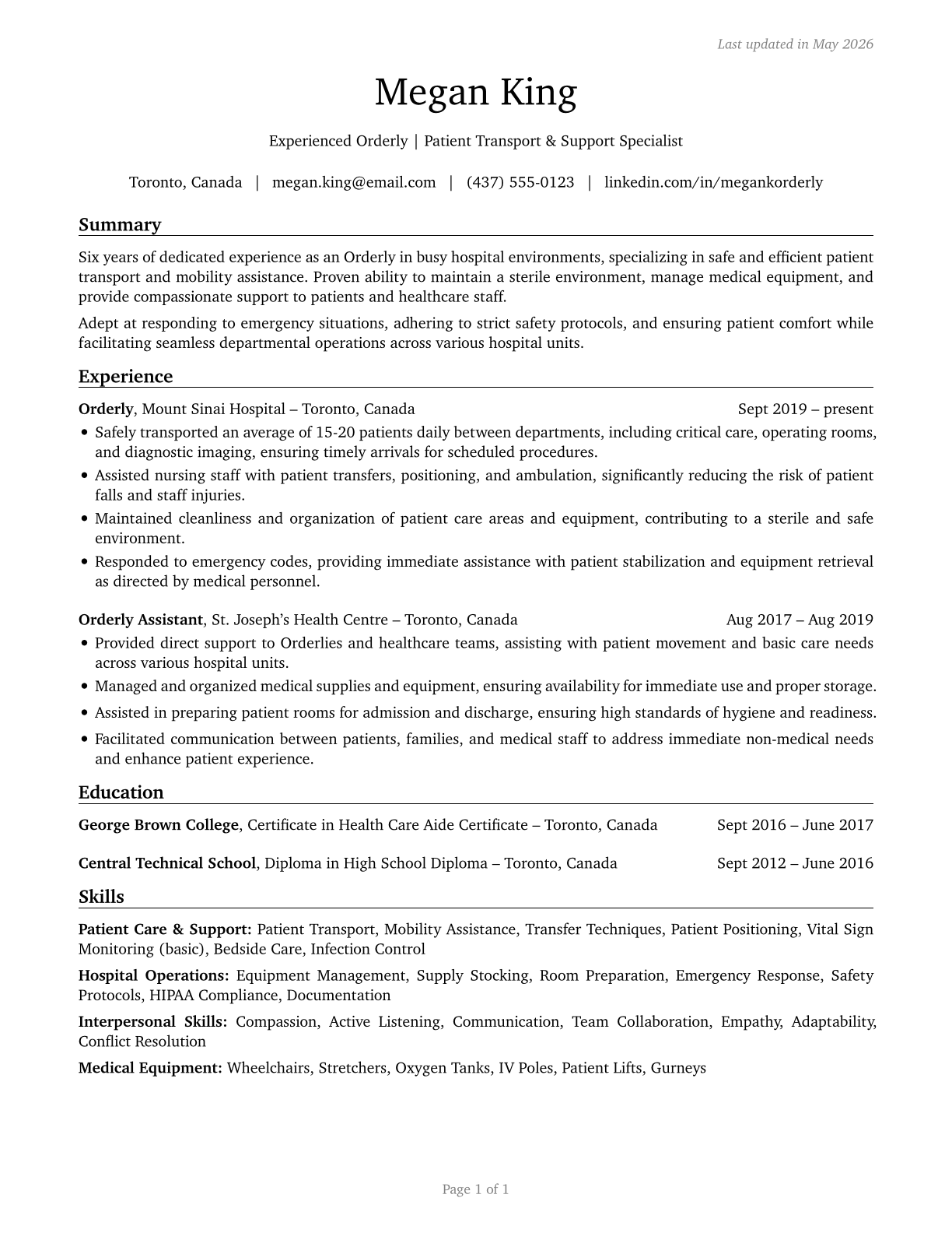 Orderlies CV in English — page 1