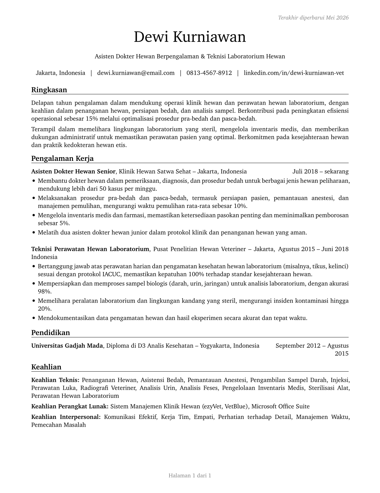 Veterinary Assistants and Laboratory Animal Caretakers CV in Indonesian — page 1