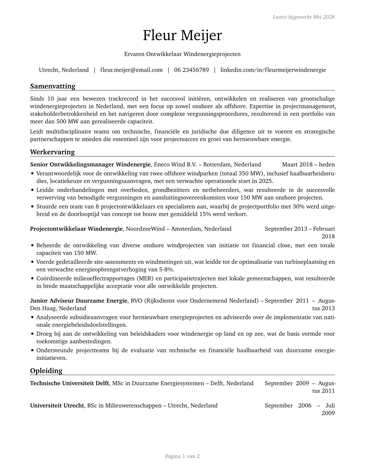 Wind Energy Development Managers CV in Dutch — page 1