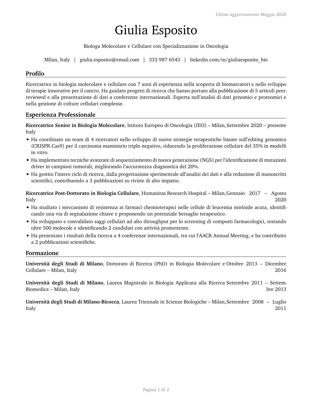Molecular and Cellular Biologists CV in Italian — page 1