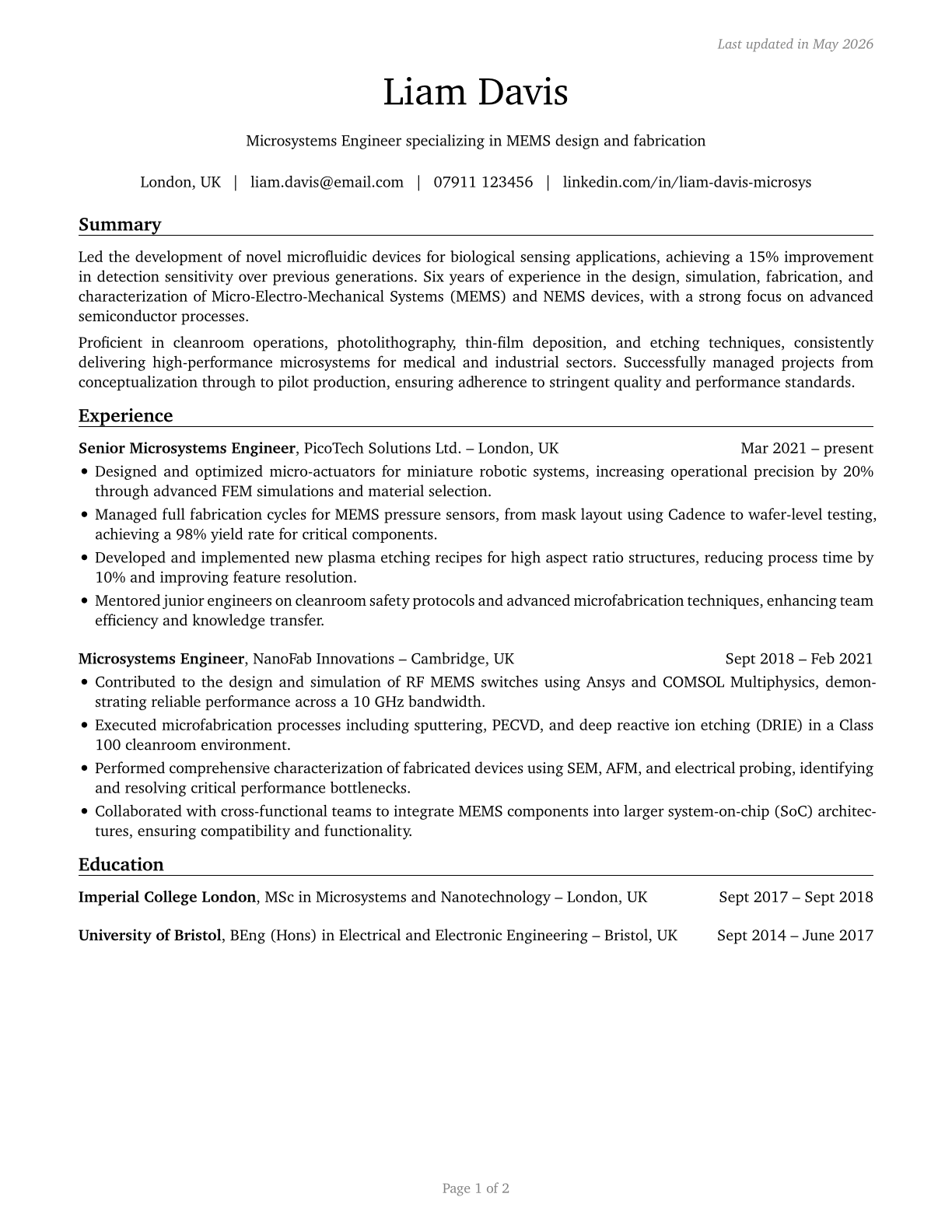 Microsystems Engineers CV in English — page 1