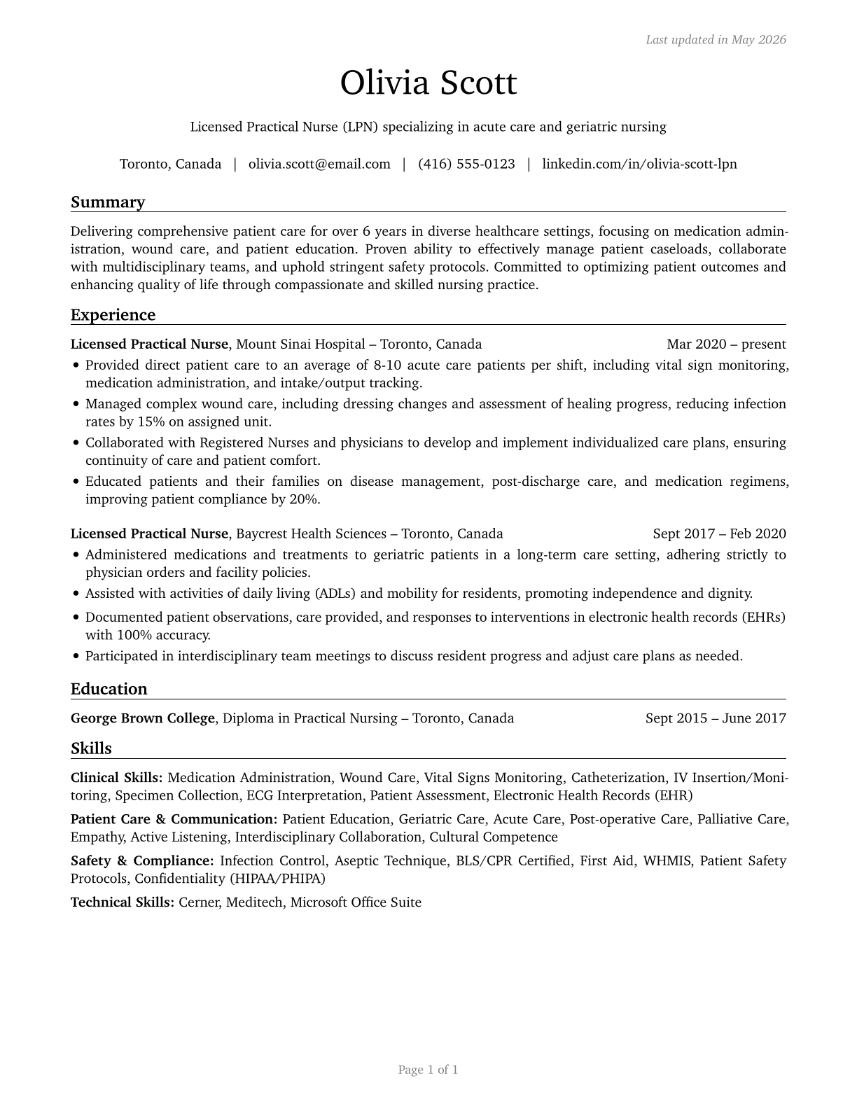 Licensed Practical and Licensed Vocational Nurses CV in English — page 1