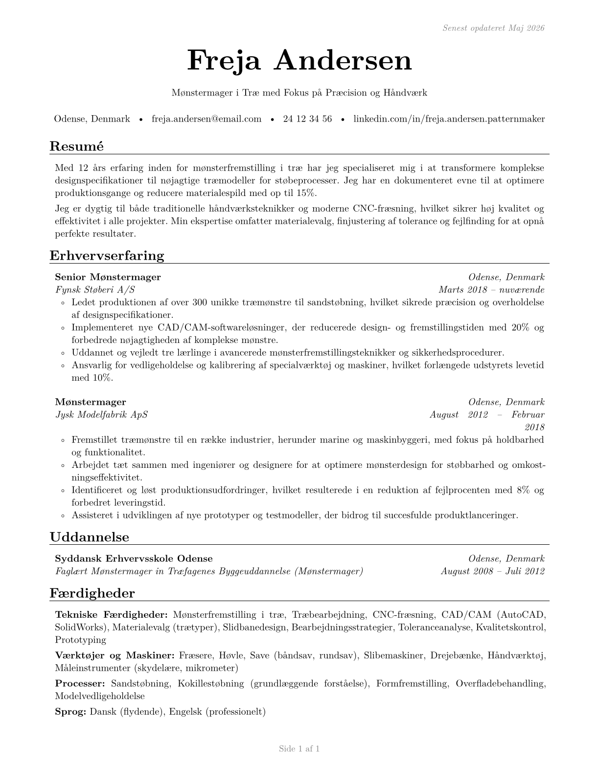 Patternmakers, Wood CV in Danish — page 1