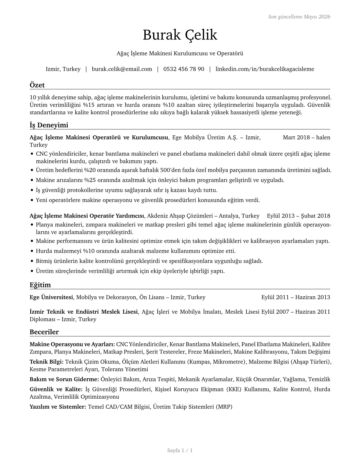 Woodworking Machine Setters, Operators, and Tenders, Except Sawing CV in Turkish — page 1