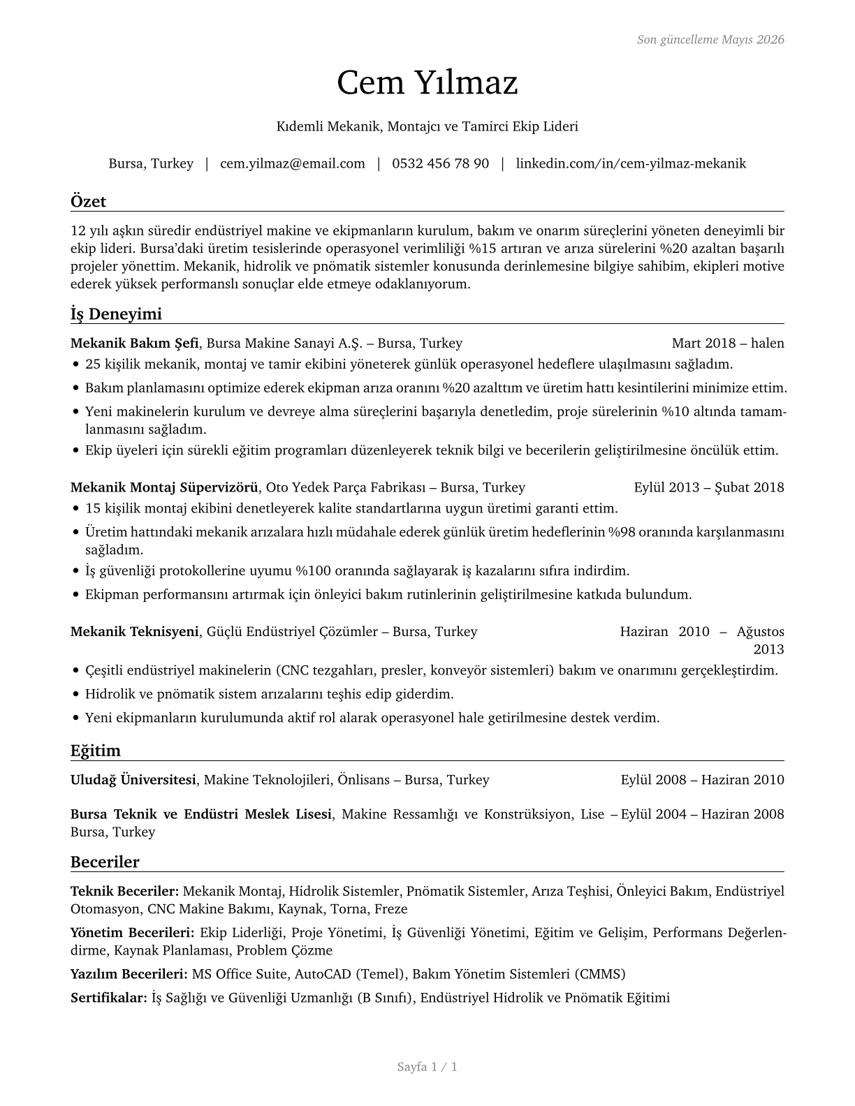 First-Line Supervisors of Mechanics, Installers, and Repairers CV in Turkish — page 1