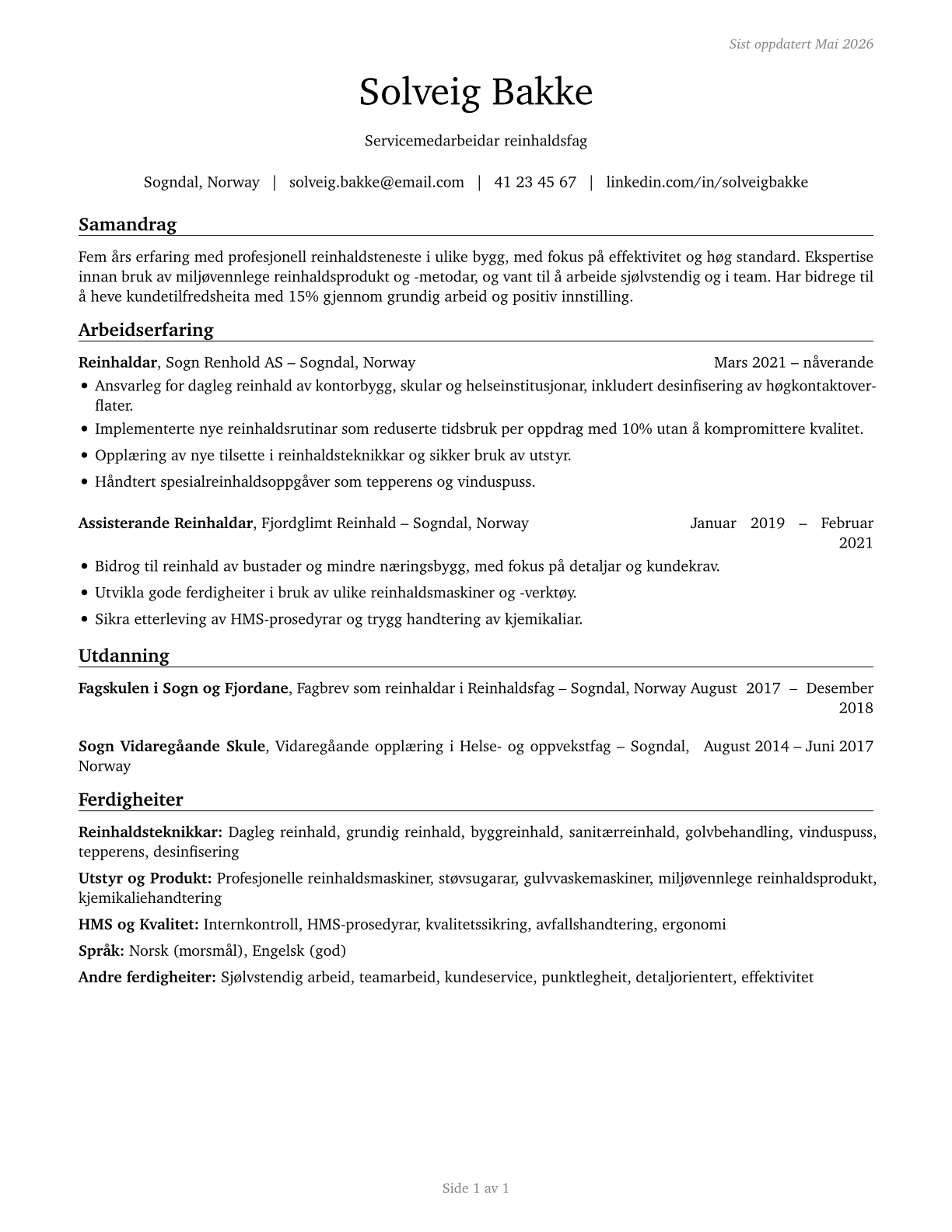 Building Cleaning Workers, All Other CV in Norwegian_nynorsk — page 1