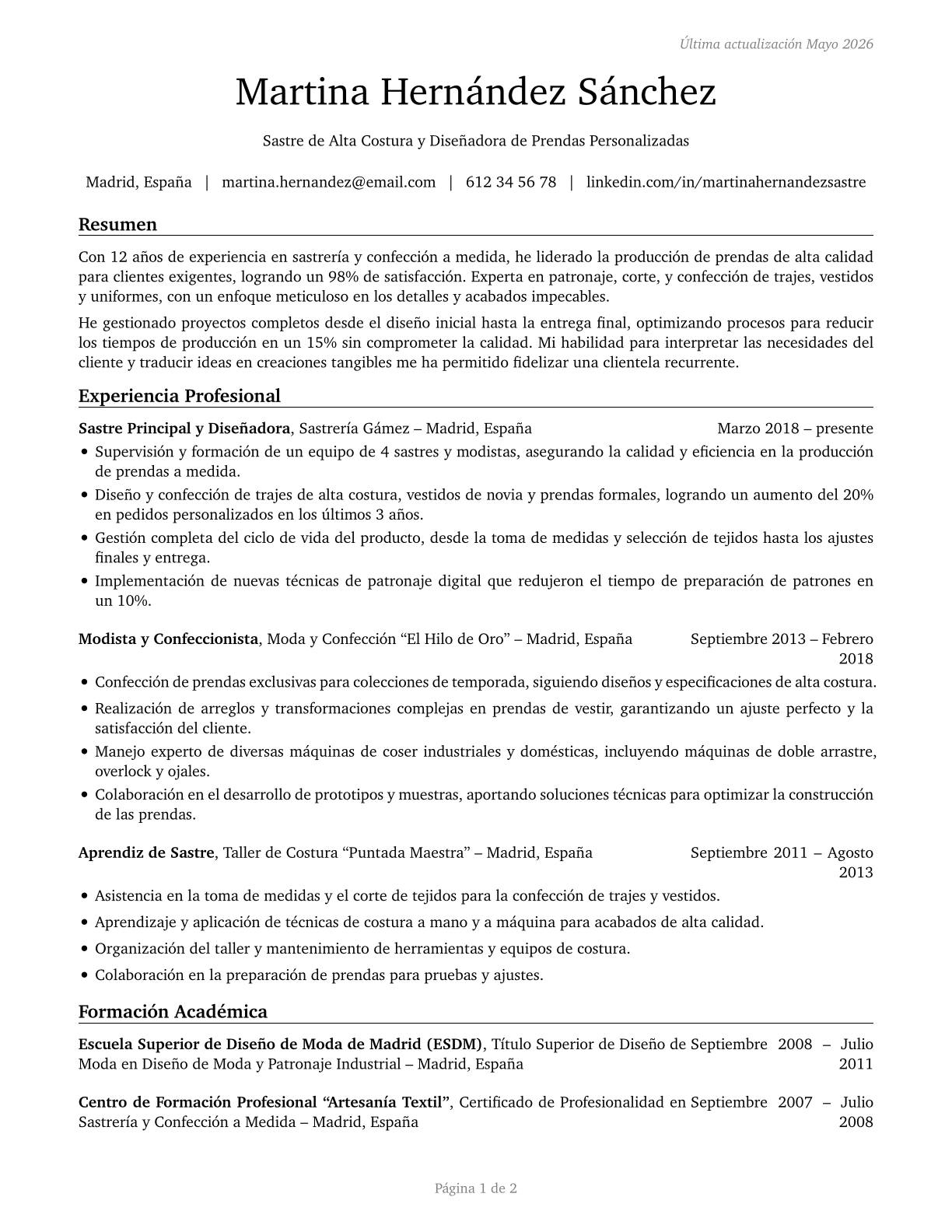 Tailors, Dressmakers, and Custom Sewers CV in Spanish — page 1