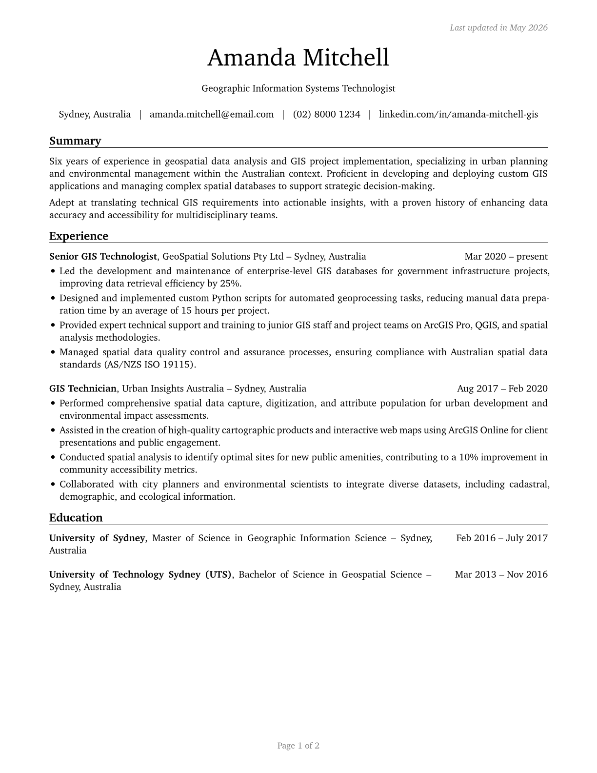 Geographic Information Systems Technologists and Technicians CV in English — page 1
