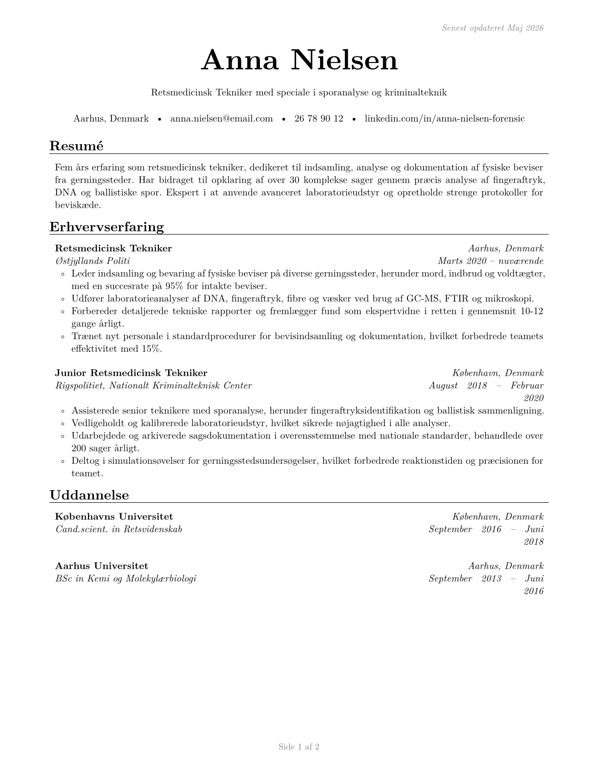 Forensic Science Technicians CV in Danish — page 1