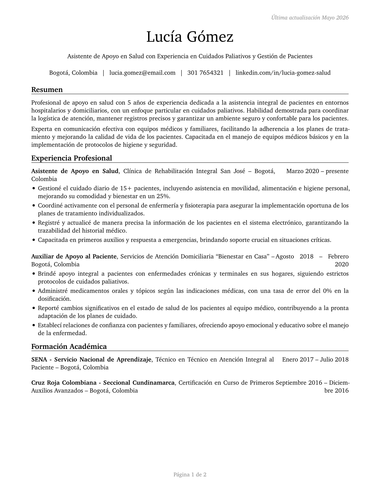 Healthcare Support Workers, All Other CV in Spanish — page 1