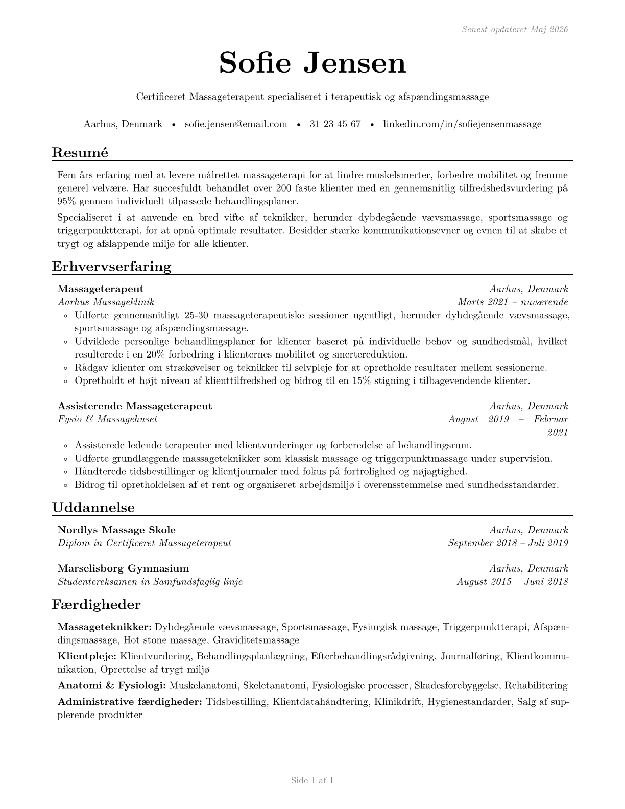Massage Therapists CV in Danish — page 1