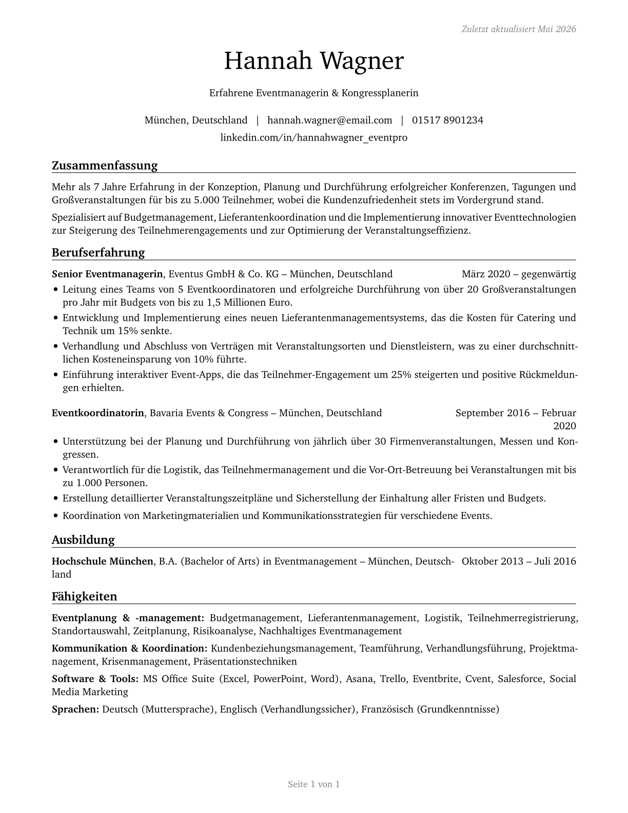 Meeting, Convention, and Event Planners CV in German — page 1
