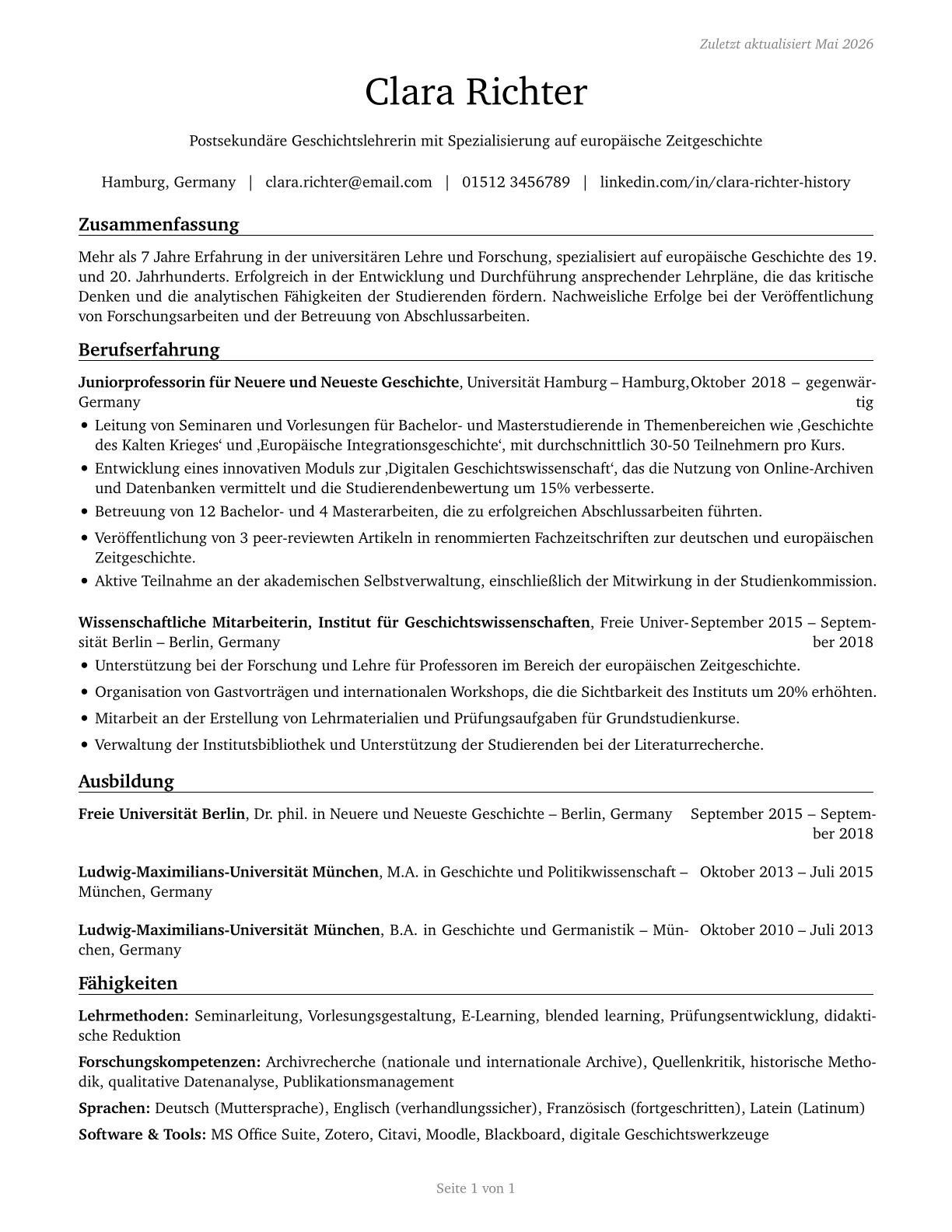 History Teachers, Postsecondary CV in German — page 1