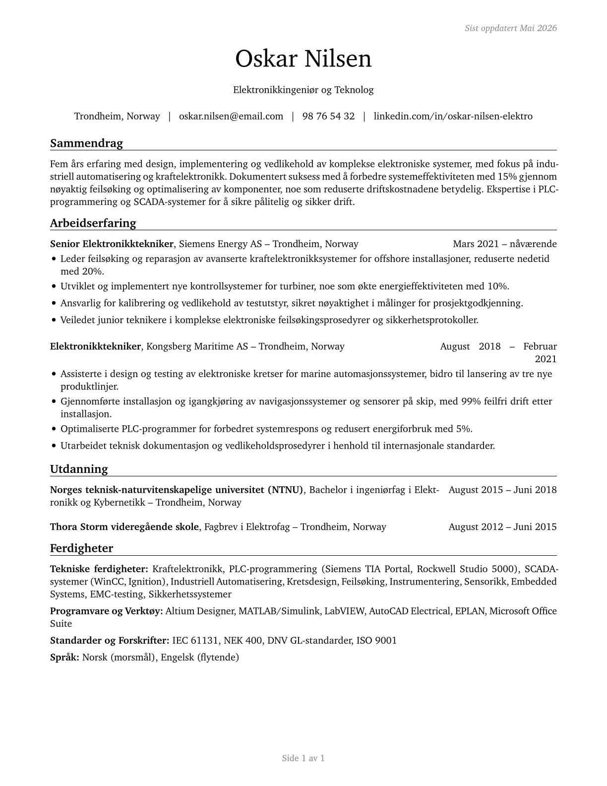 Electrical and Electronic Engineering Technologists and Technicians CV in Norwegian_bokmal — page 1