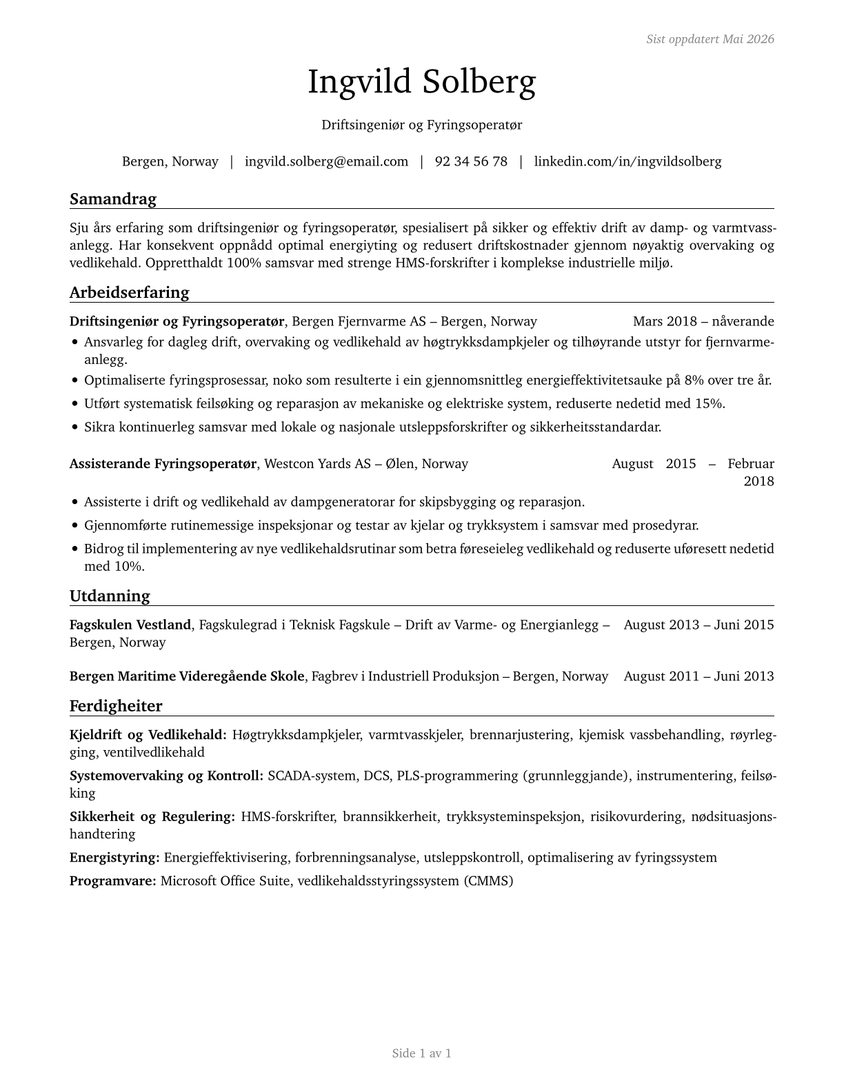 Stationary Engineers and Boiler Operators CV in Norwegian_nynorsk — page 1