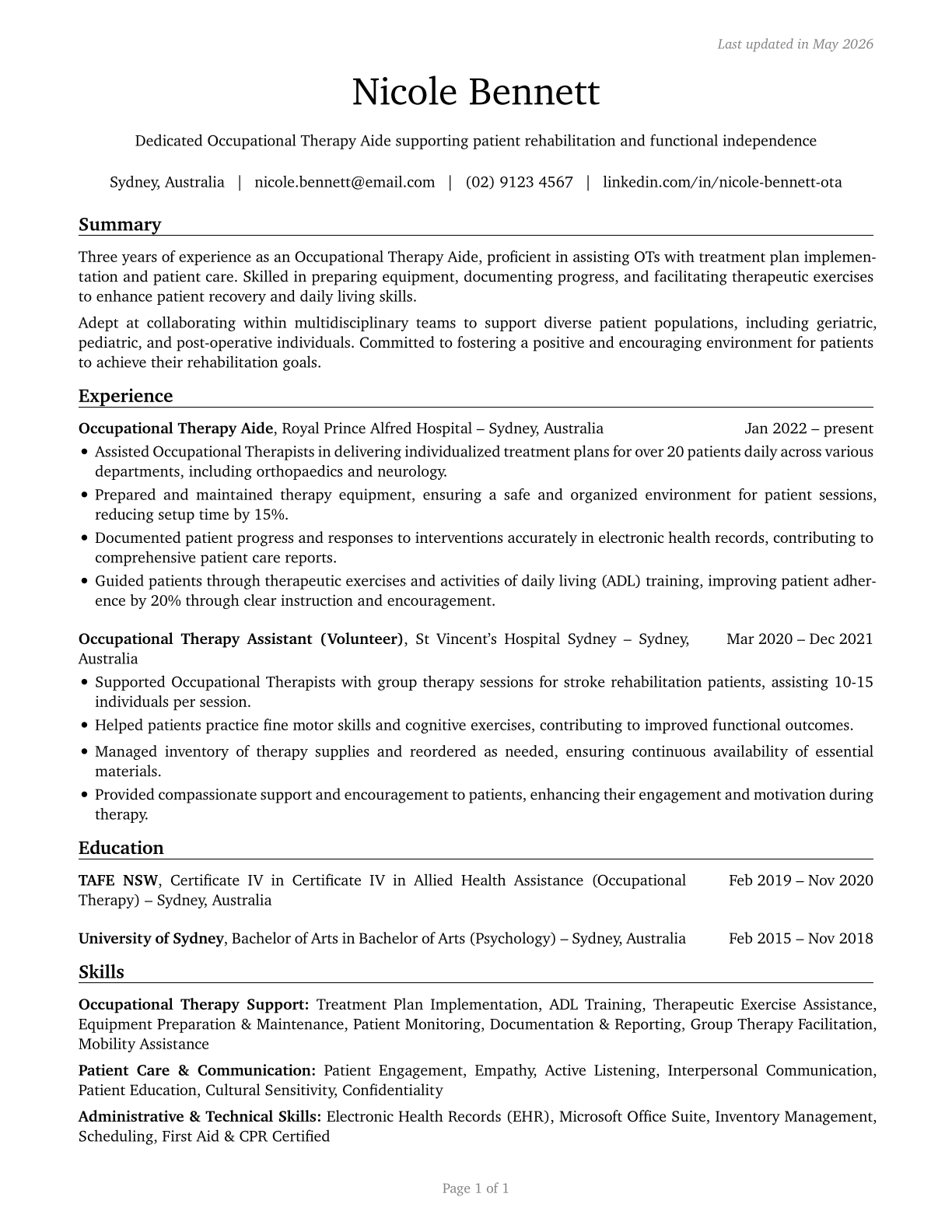 Occupational Therapy Aides CV in English — page 1