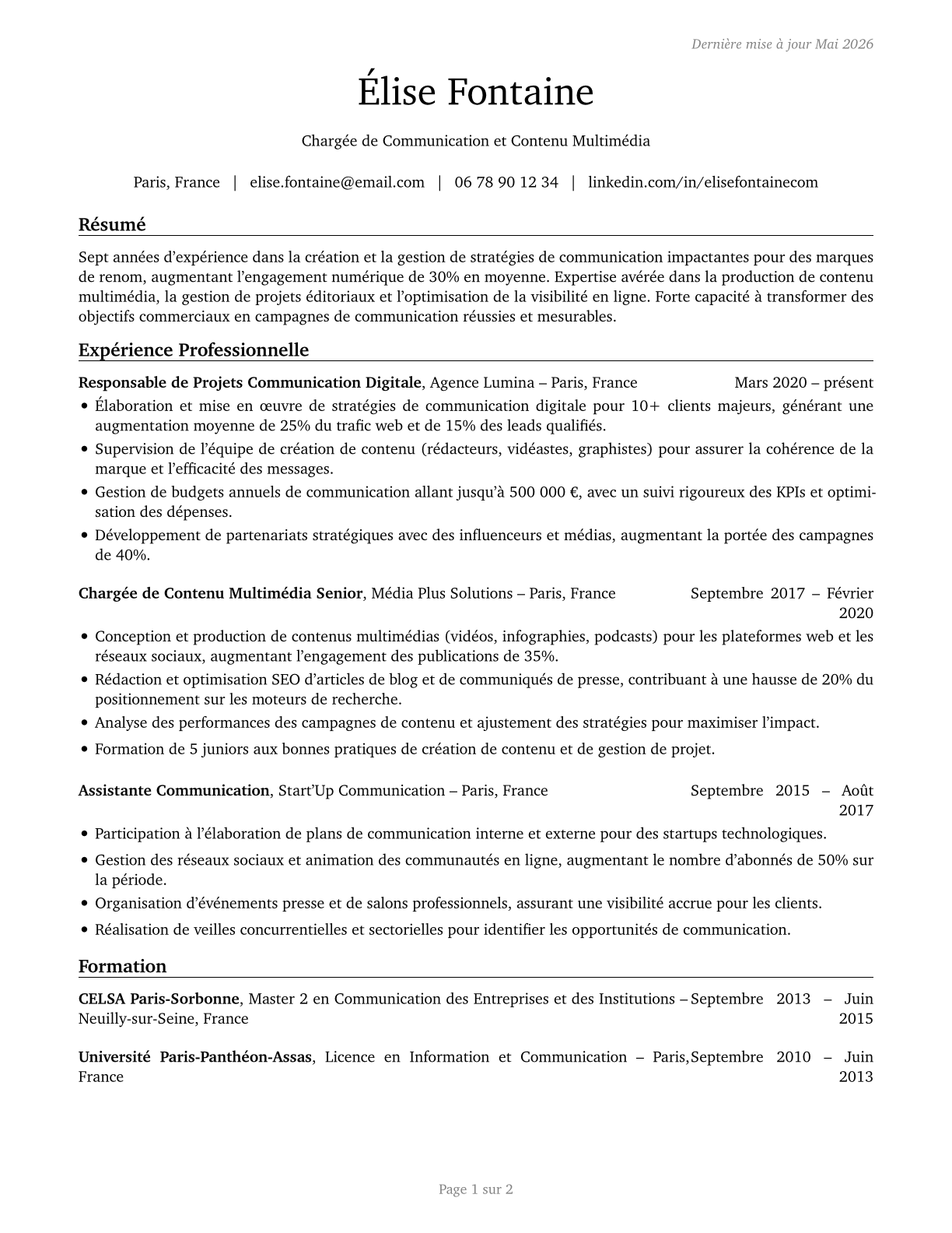 Media and Communication Workers, All Other CV in French — page 1