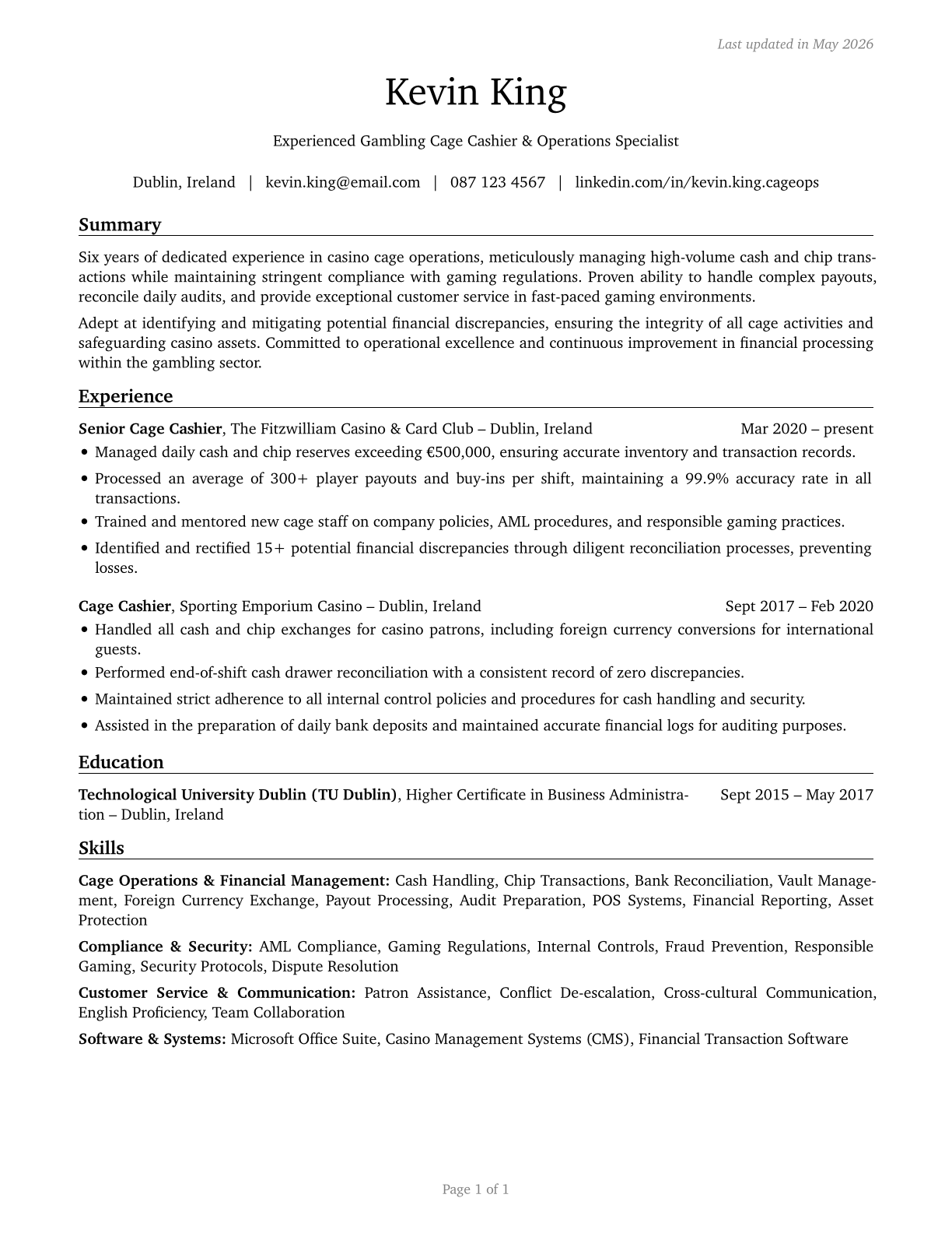 Gambling Cage Workers CV in English — page 1
