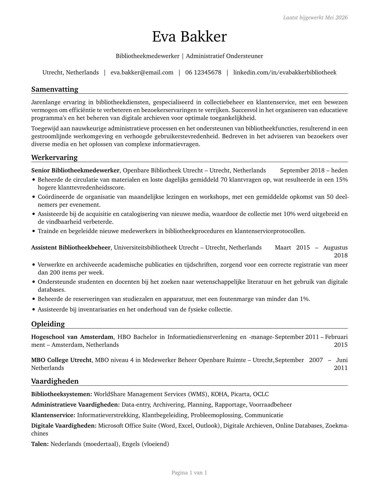 Library Assistants, Clerical CV in Dutch — page 1