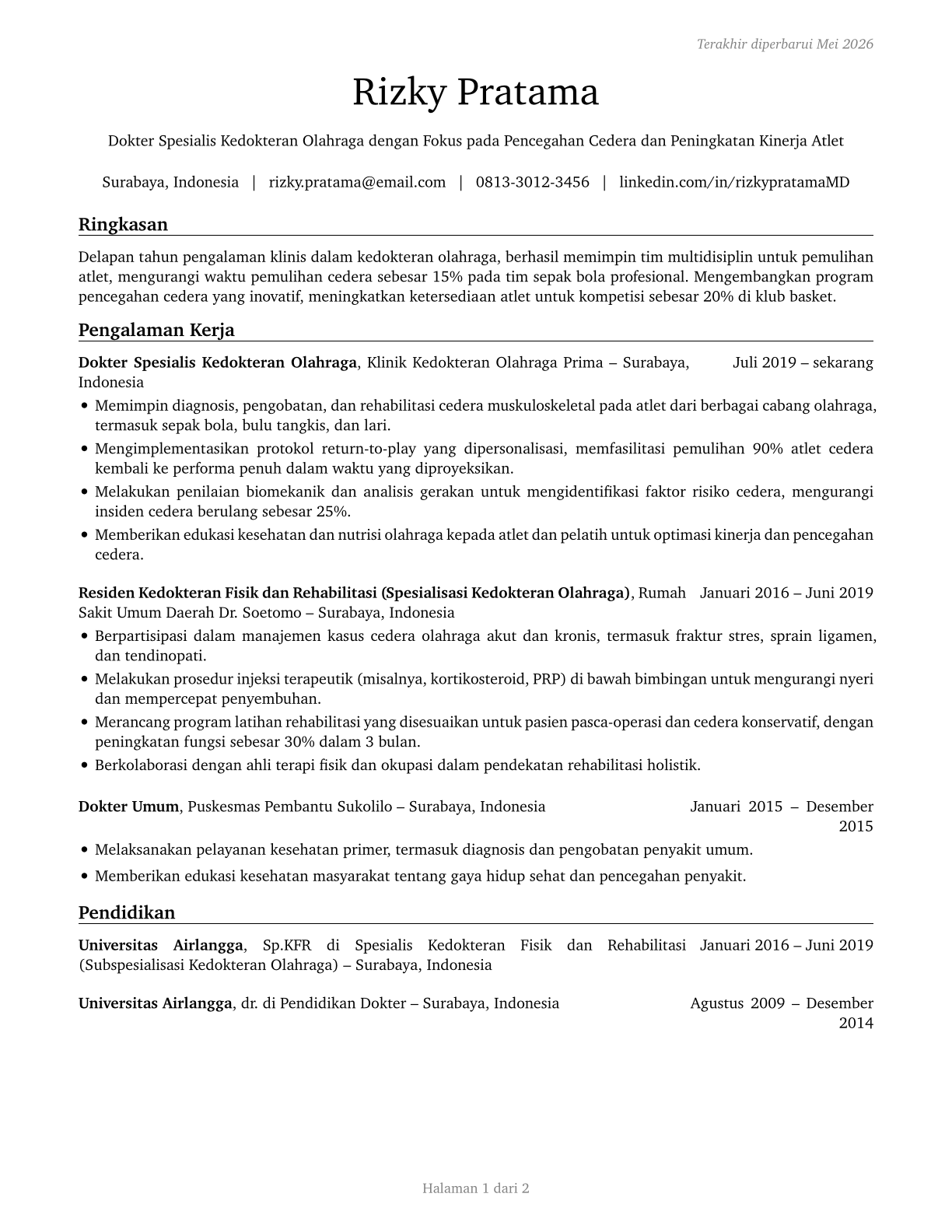 Sports Medicine Physicians CV in Indonesian — page 1
