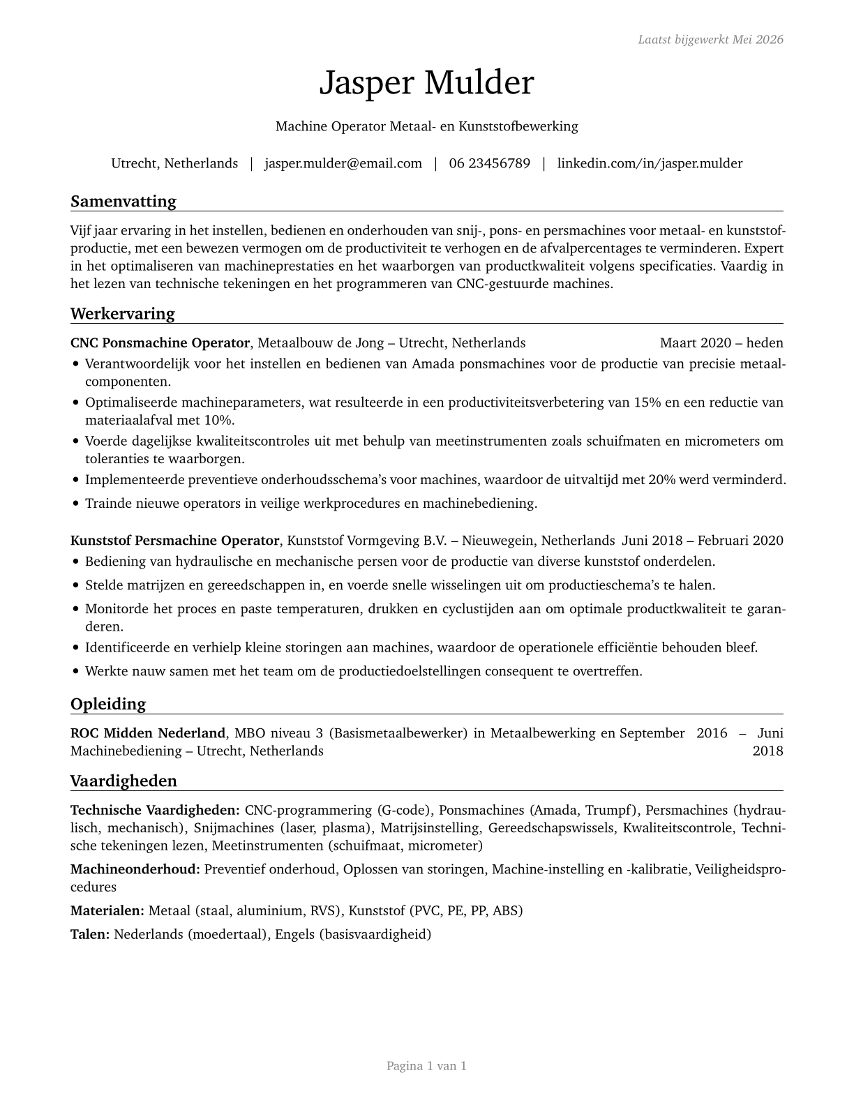 Cutting, Punching, and Press Machine Setters, Operators, and Tenders, Metal and Plastic CV in Dutch — page 1