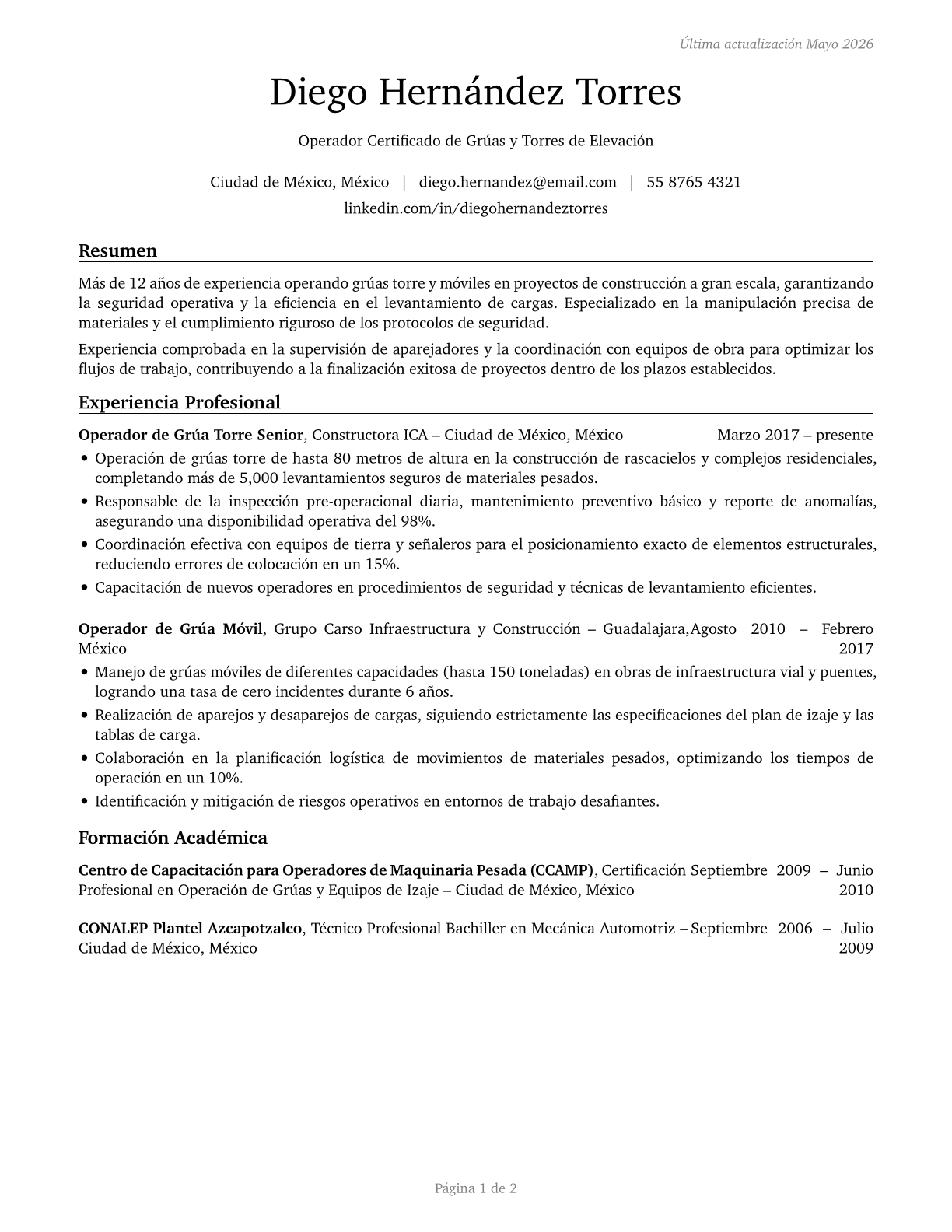 Crane and Tower Operators CV in Spanish — page 1