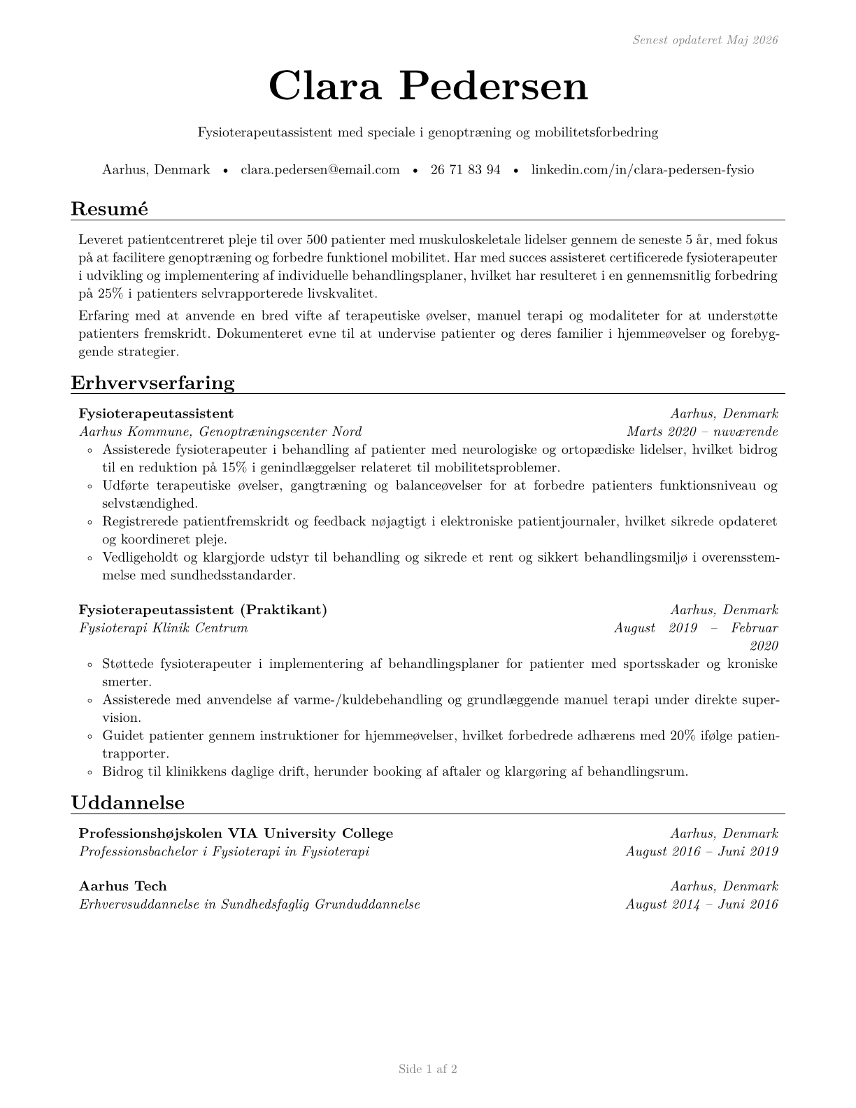 Physical Therapist Assistants CV in Danish — page 1