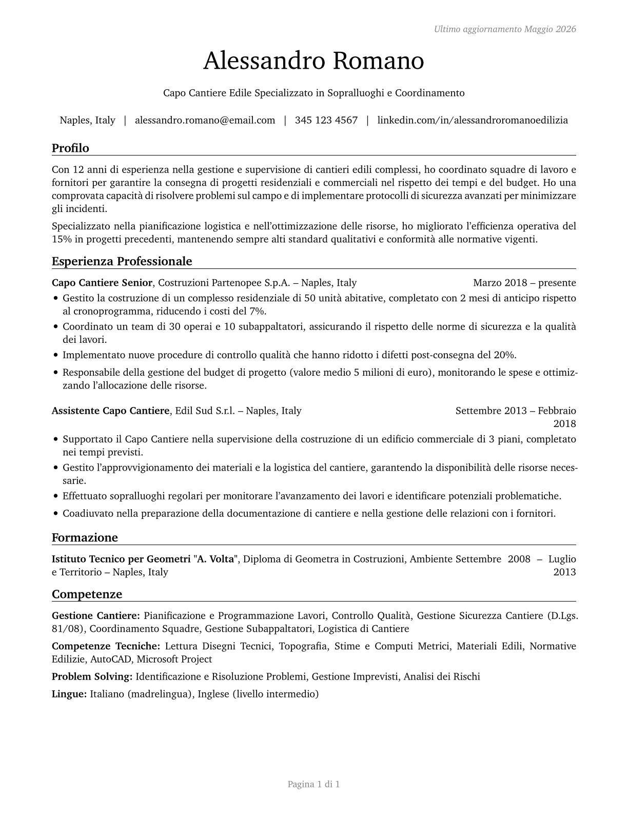 Construction and Related Workers, All Other CV in Italian — page 1