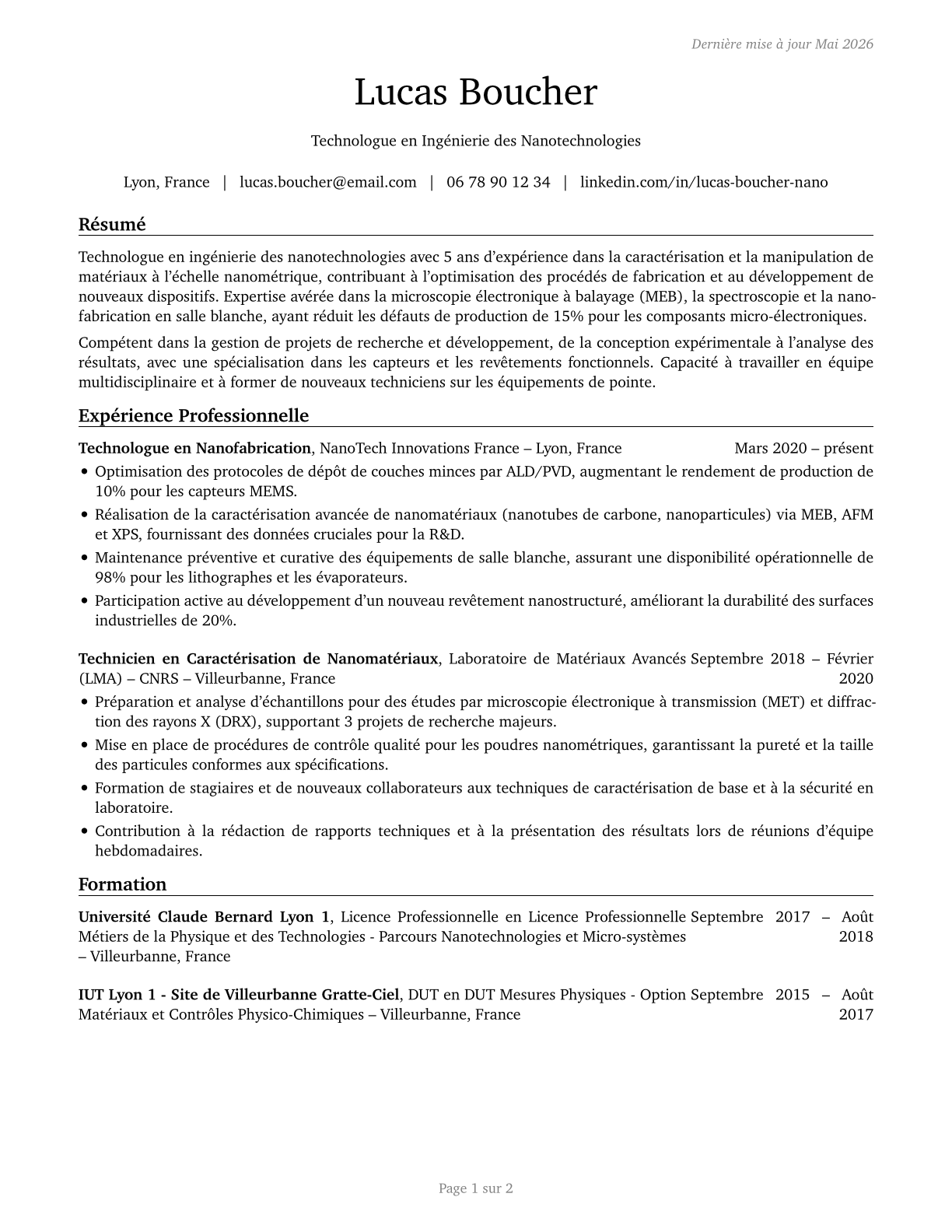 Nanotechnology Engineering Technologists and Technicians CV in French — page 1