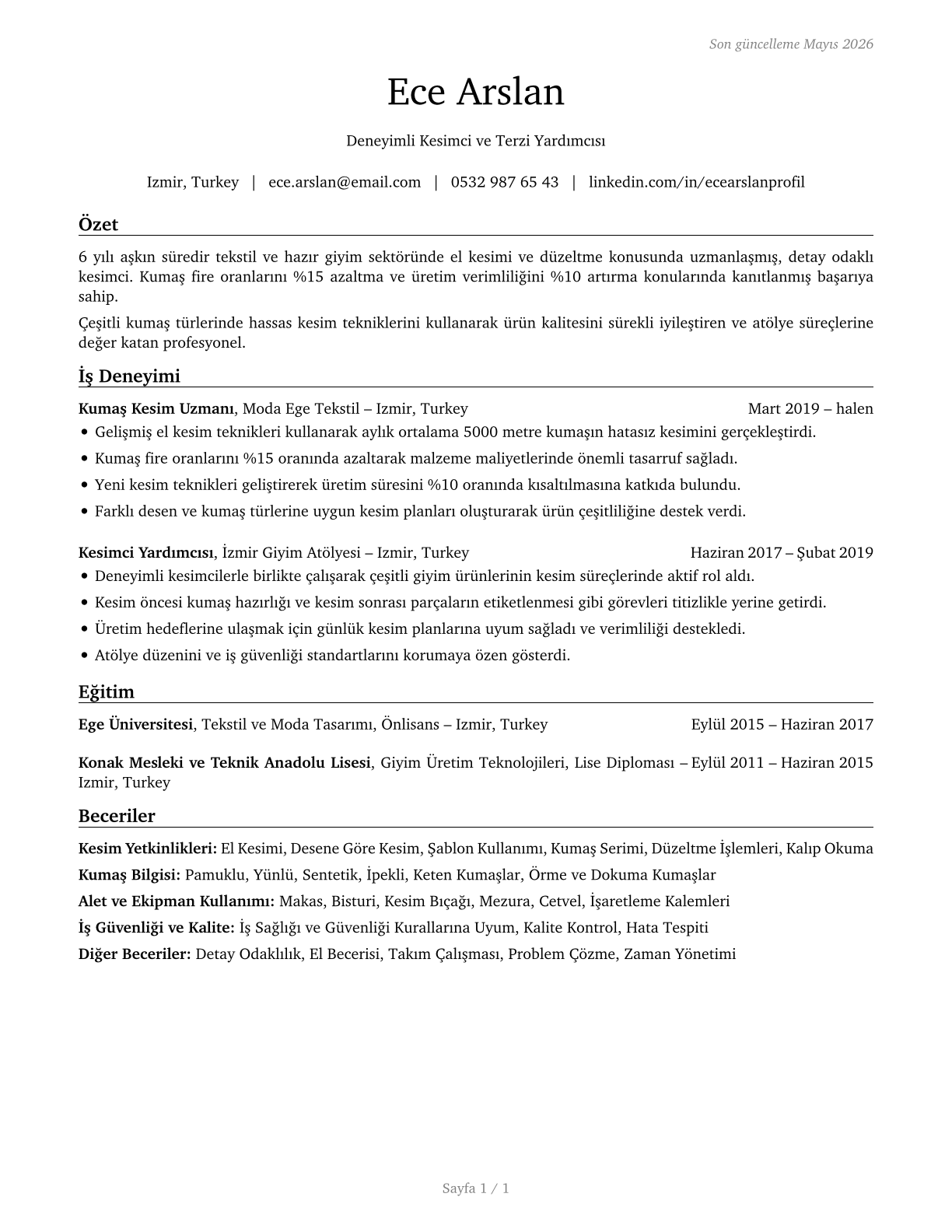 Cutters and Trimmers, Hand CV in Turkish — page 1