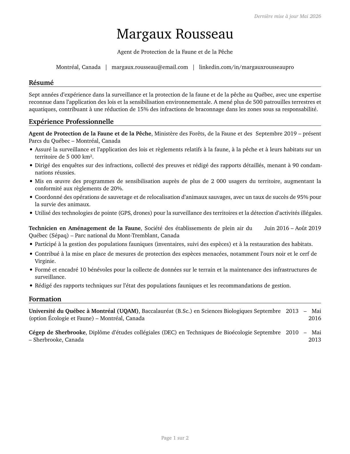 Fish and Game Wardens CV in French — page 1