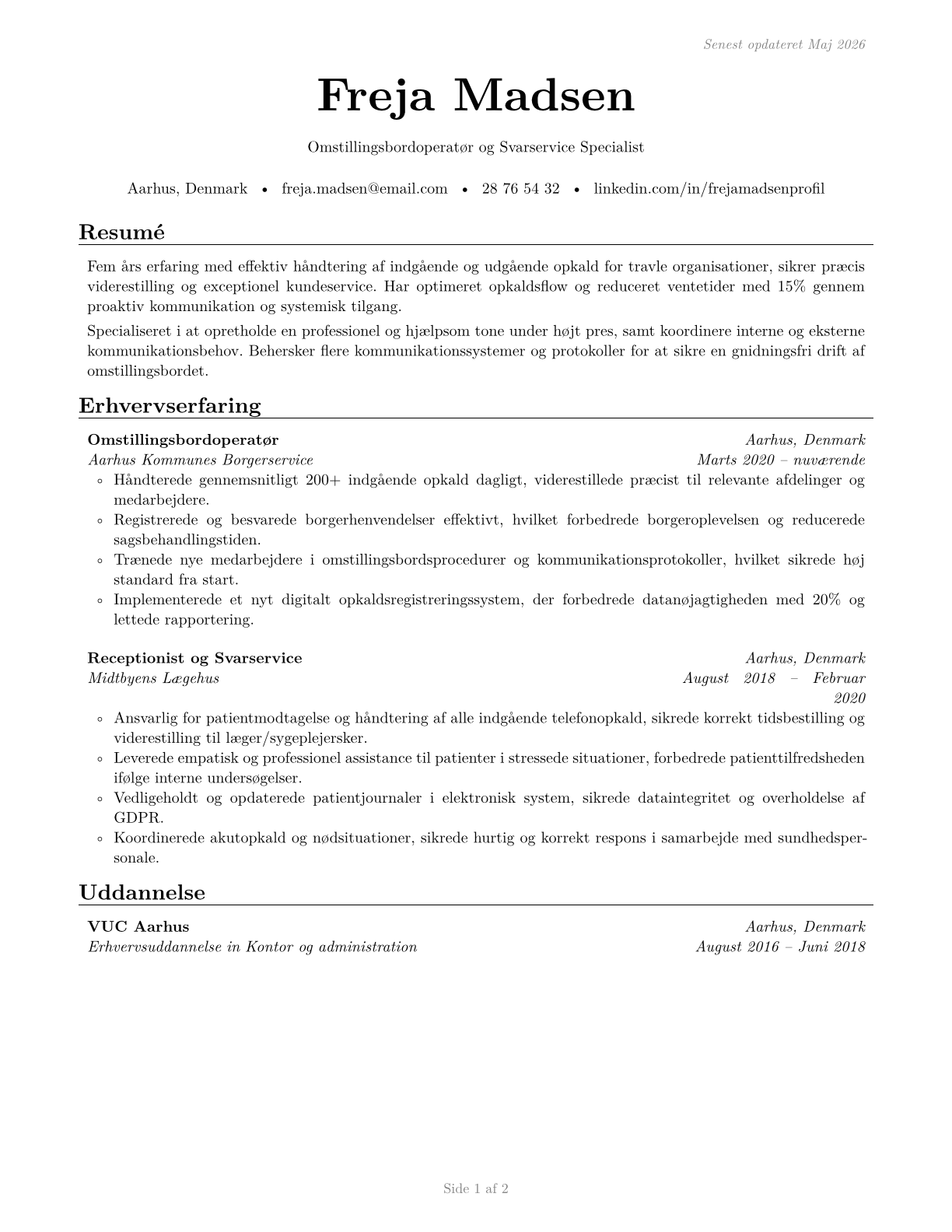 Switchboard Operators, Including Answering Service CV in Danish — page 1