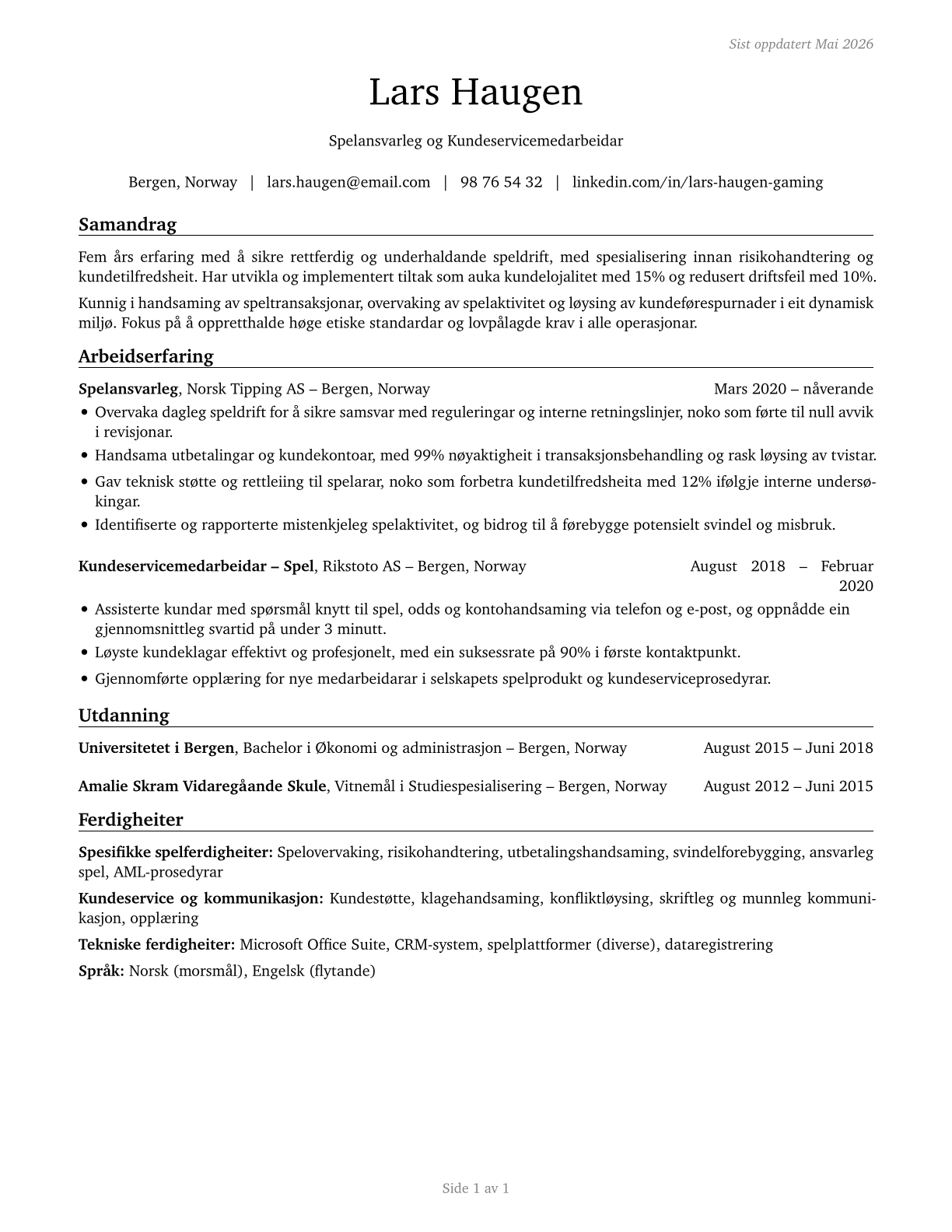 Gambling Service Workers, All Other CV in Norwegian_nynorsk — page 1