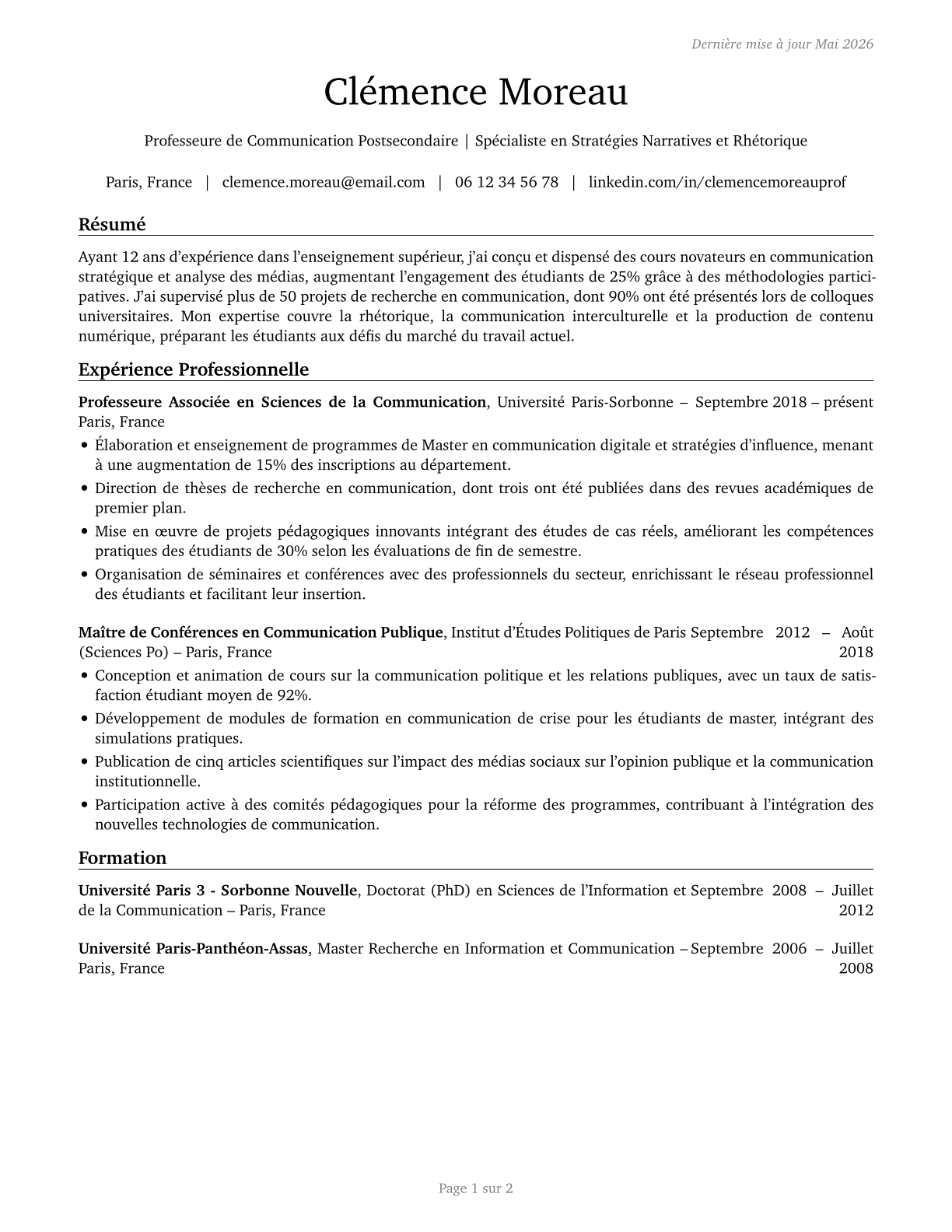 Communications Teachers, Postsecondary CV in French — page 1