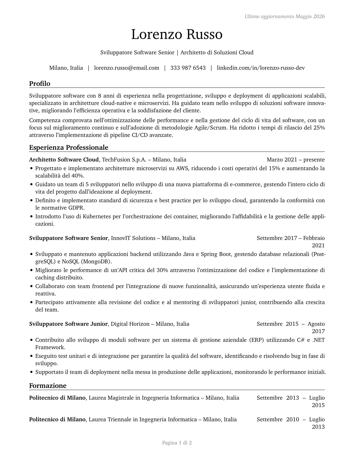 Software Developers CV in Italian — page 1