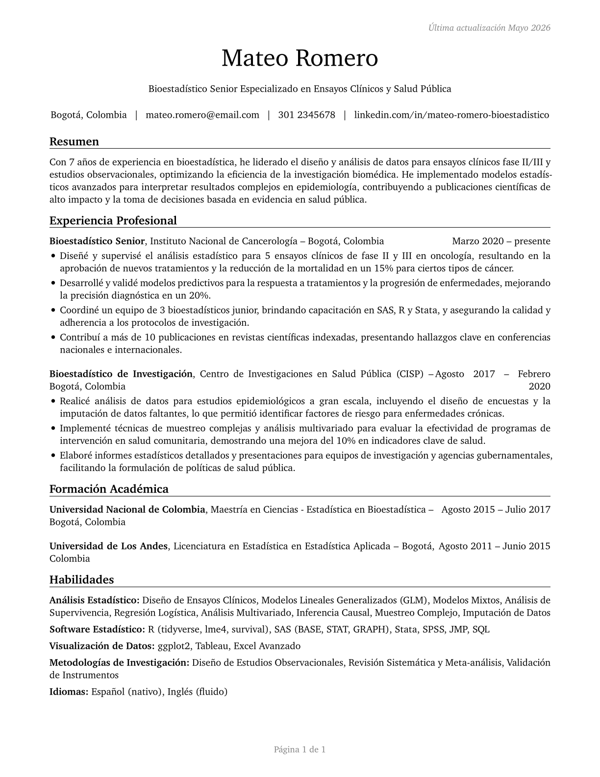 Biostatisticians CV in Spanish — page 1