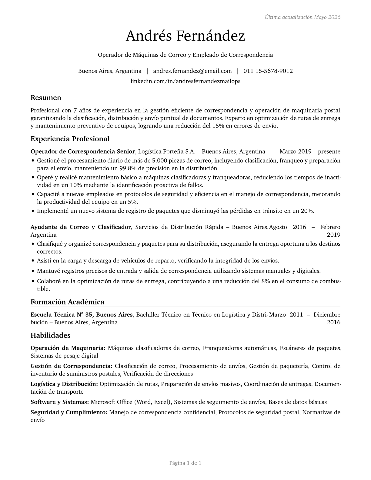 Mail Clerks and Mail Machine Operators, Except Postal Service CV in Spanish — page 1