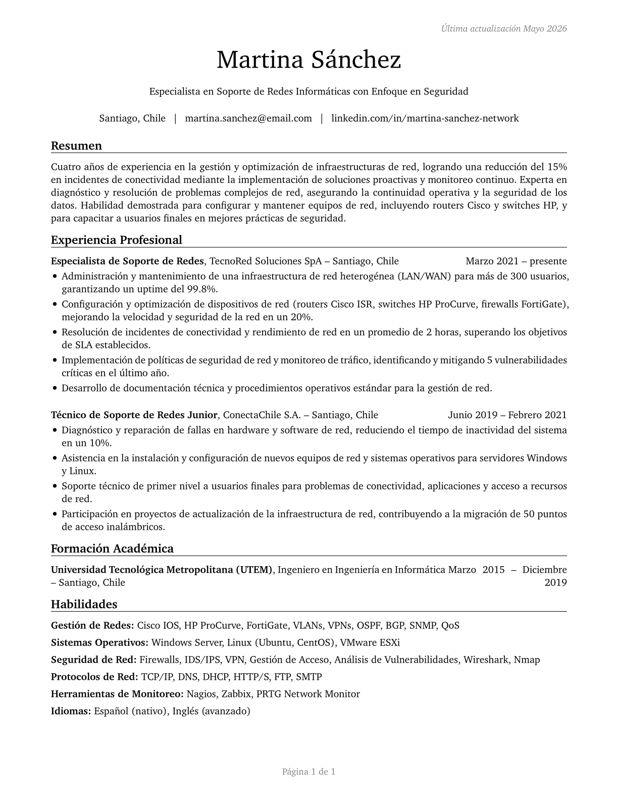 Computer Network Support Specialists CV in Spanish — page 1