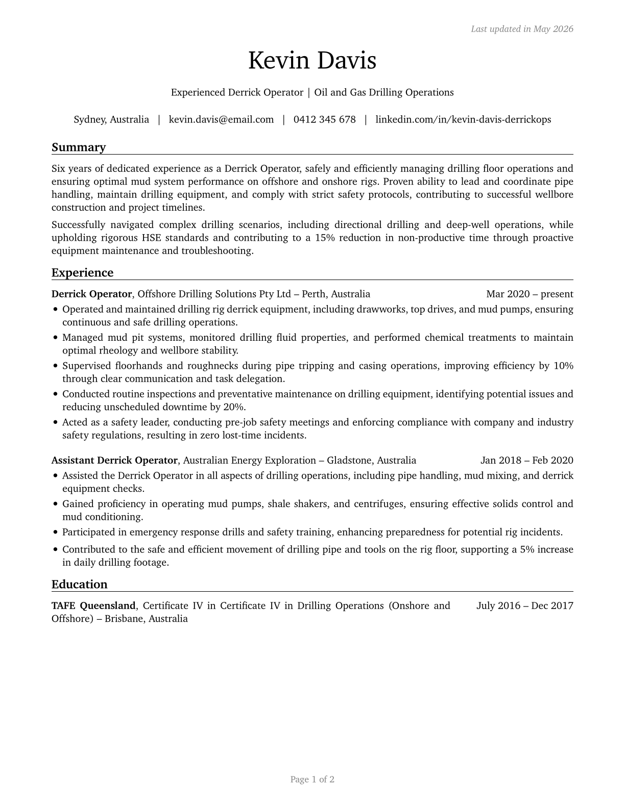 Derrick Operators, Oil and Gas CV in English — page 1